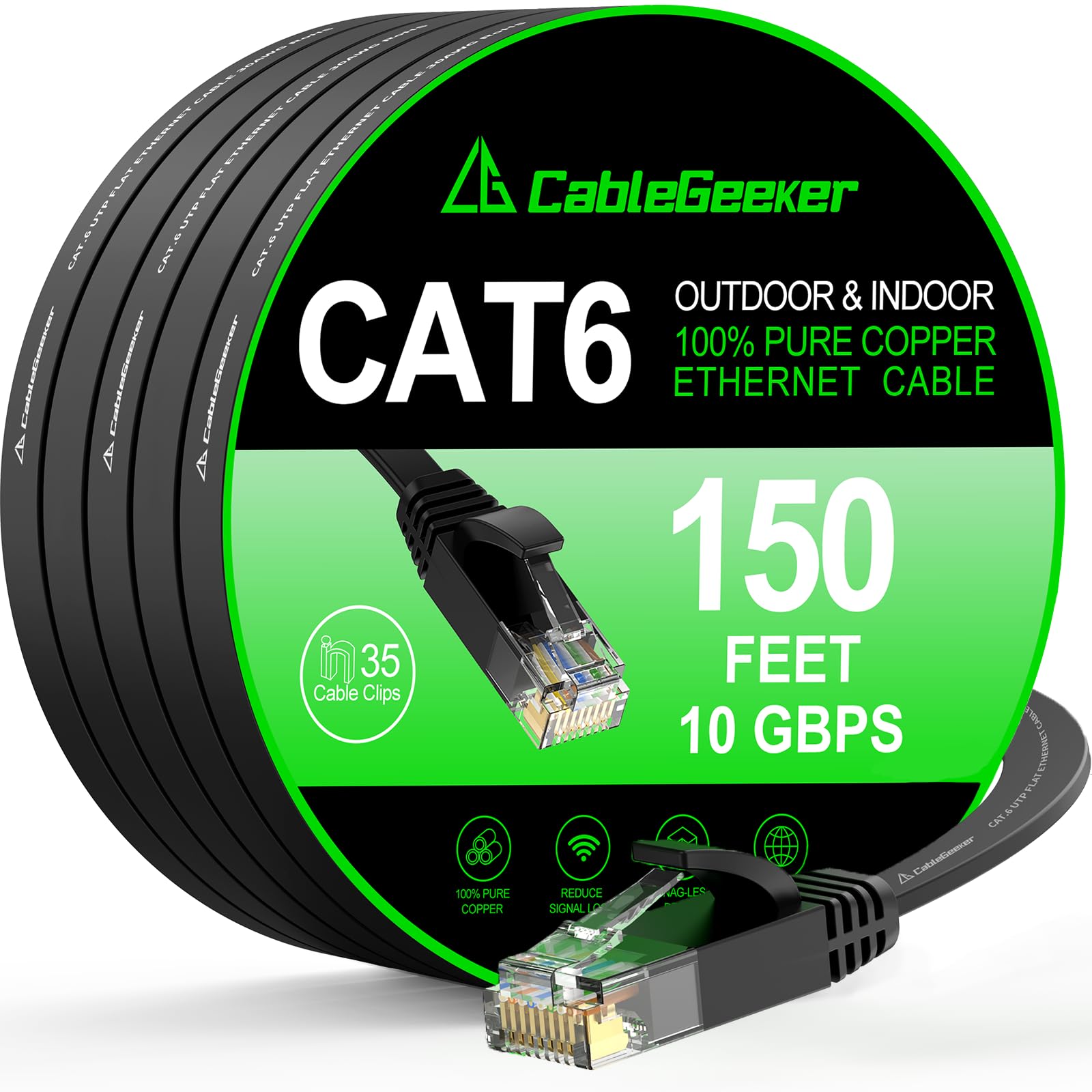 Cat 6 Ethernet Cable Black 150 ft (at a Cat5e Price but Higher Bandwidth) Flat 10Gbps Internet Network Cable - Cat6 Ethernet Pat