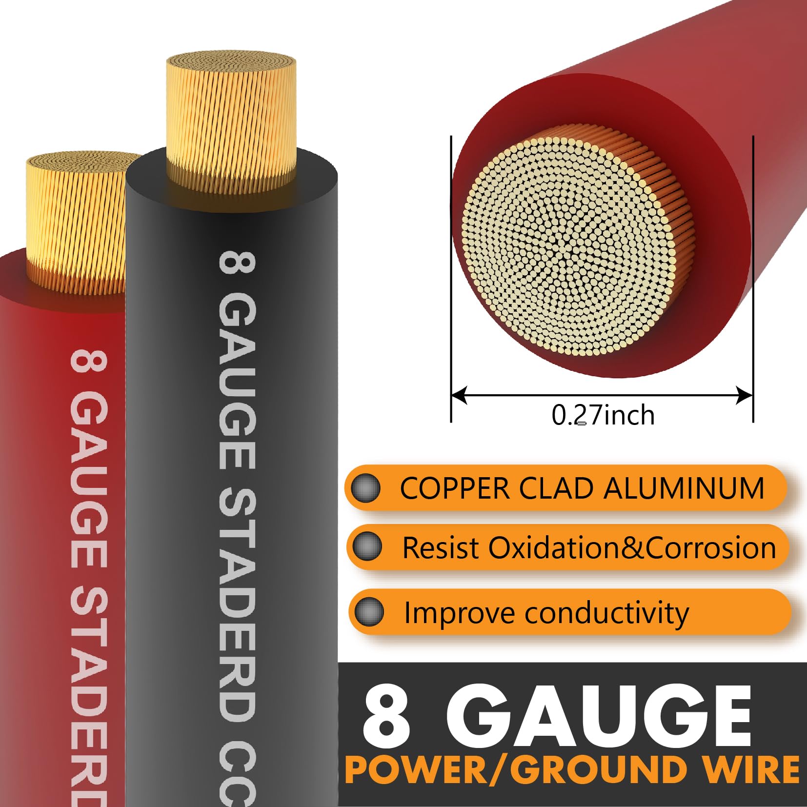 Jeemiter 8 Gauge Wire (50Ft Each  Black/Red) Copper Clad Aluminum   Primary Automotive Wire Power/Ground, Battery Cable With Lug