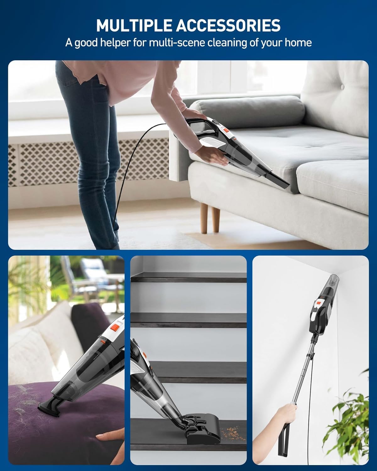 Hihhy Vacuum Cleaner, Stick Vacuum Corded, 4 In 1 Handheld Small Vacuum Cleaners For Home, Mini Vacuum Lightweight 20Kpa 600W Po