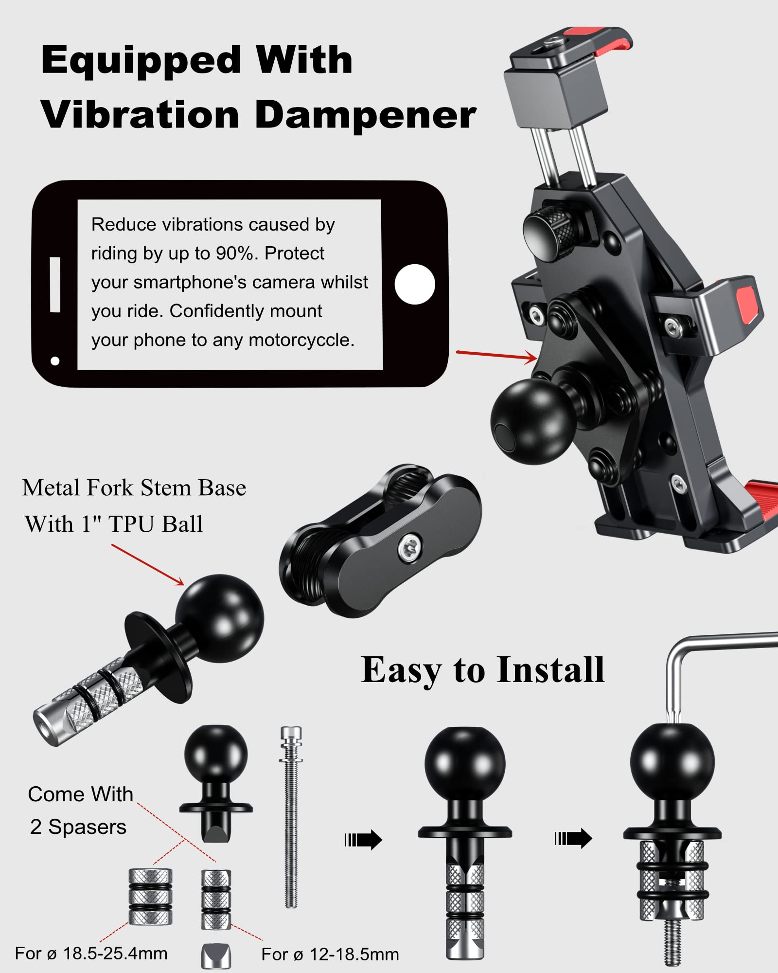Brcovan Aluminum Alloy Motorcycle Fork Stem Phone Mount With Vibration Dampener & High Speed Secure Lock, Anti Theft Adjustable