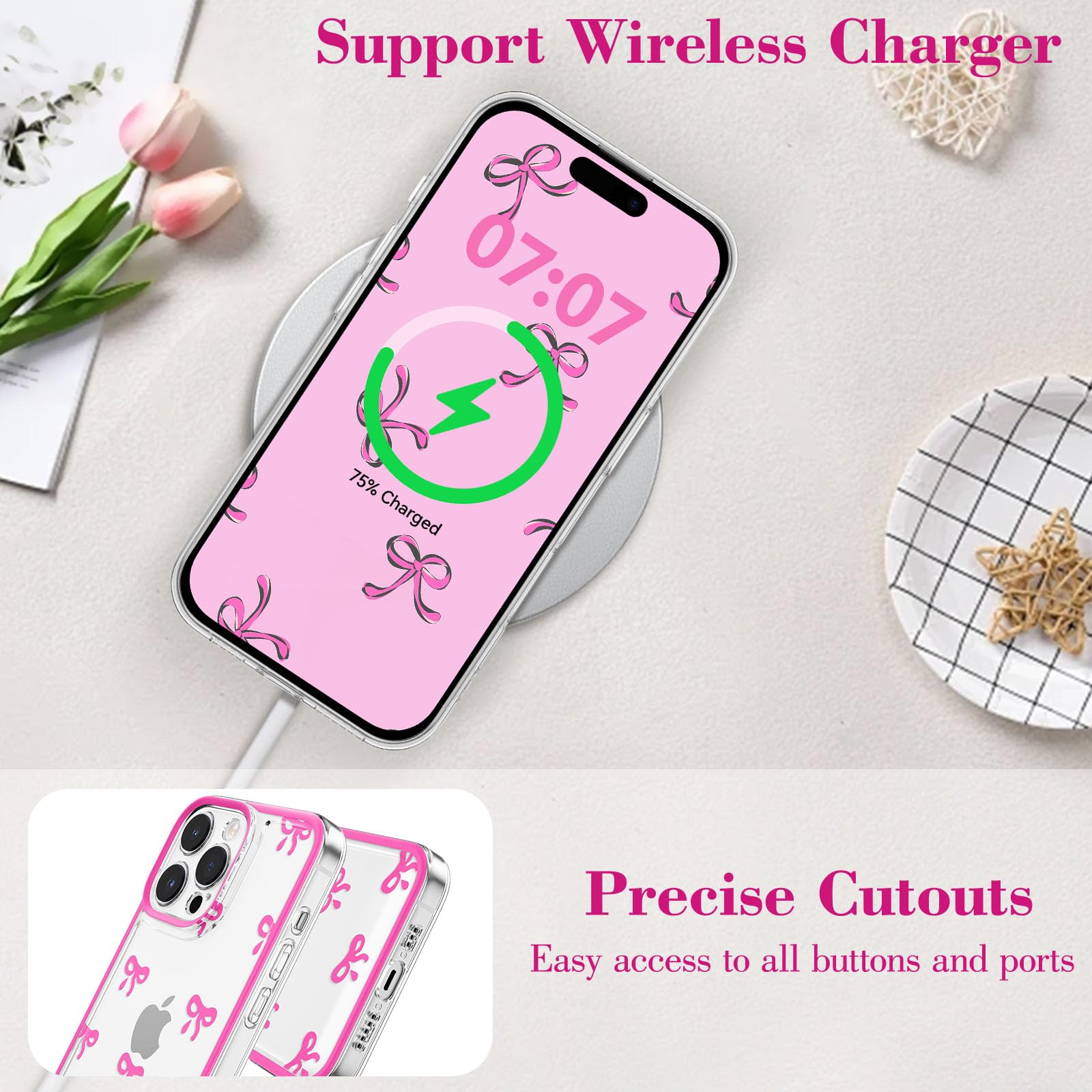 Eyzutak Case For Iphone 16 Pro Max, Clear Cute Ribbon Bowknot Pattern Aesthetic Transparent Phone Case Raised Camera Protection