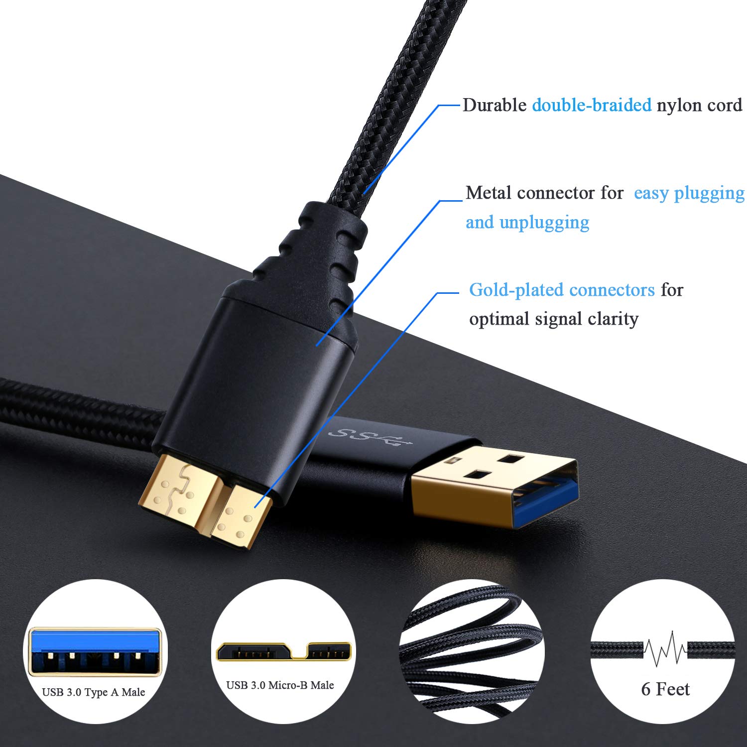 Besgoods Usb 3.0 Micro Cable, 3 Pack 6Ft Super Speed Usb 3.0 Cable A Male To Micro B Charger Cable Compatible For Samsung Galaxy S5, Note 3, External Hard Drive And More   Black