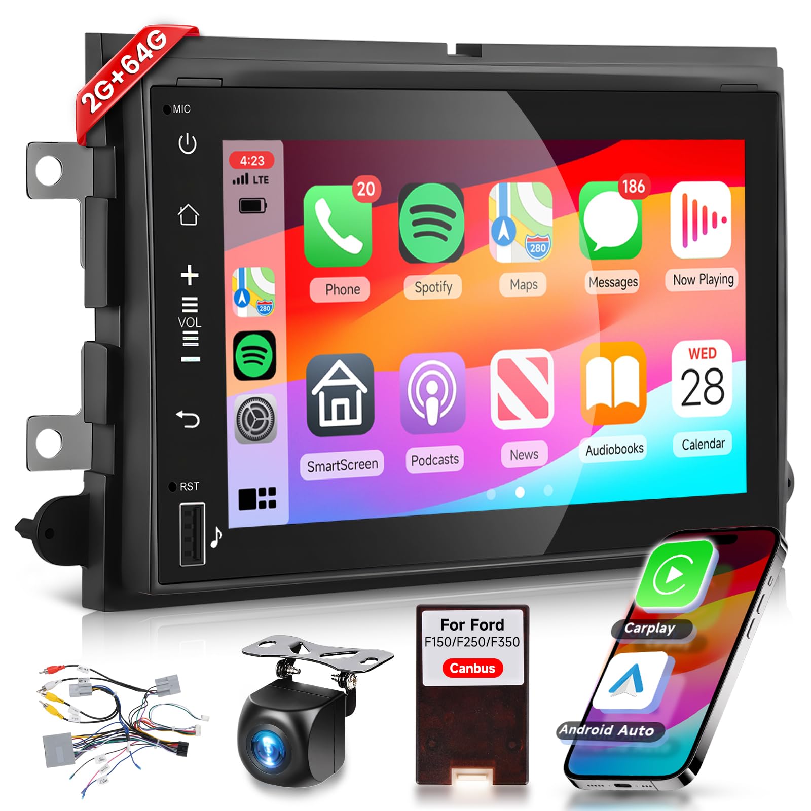 2G 64G Car Radio For Ford F150 F250 F350 Fusion Edge Explorer Expedition, Podofo 7Inch 1080P Ips Touchscreen F 150 Stereo With Wireless Carplay Android Auto Gps Wifi Fm/Rds Eq Backup Camera