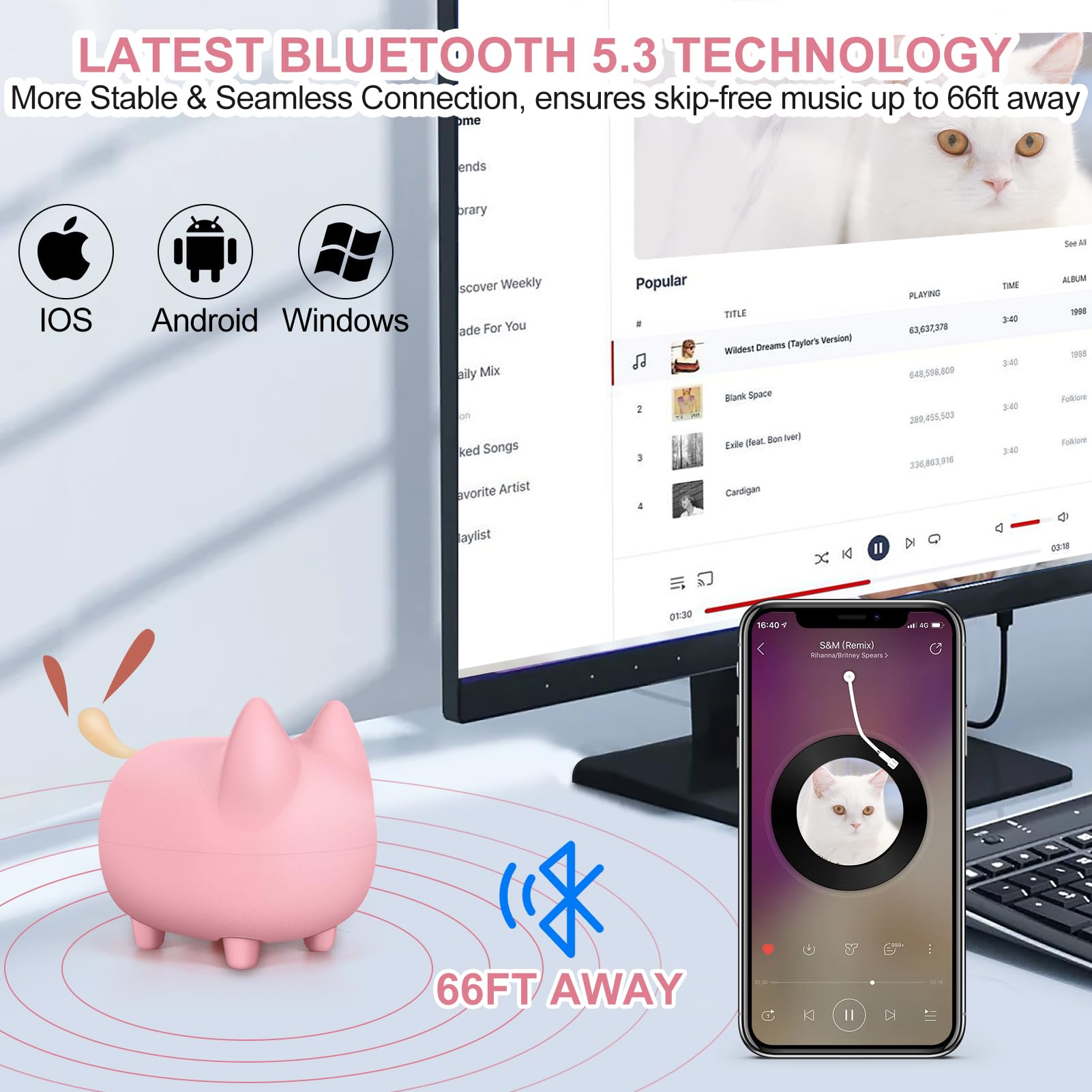 Svemei Cute Bluetooth Speaker, Mini Cat Portable Wireless Speakers With Loud Stereo Sound, Built In Mic, Dual Pairing,40H Playti