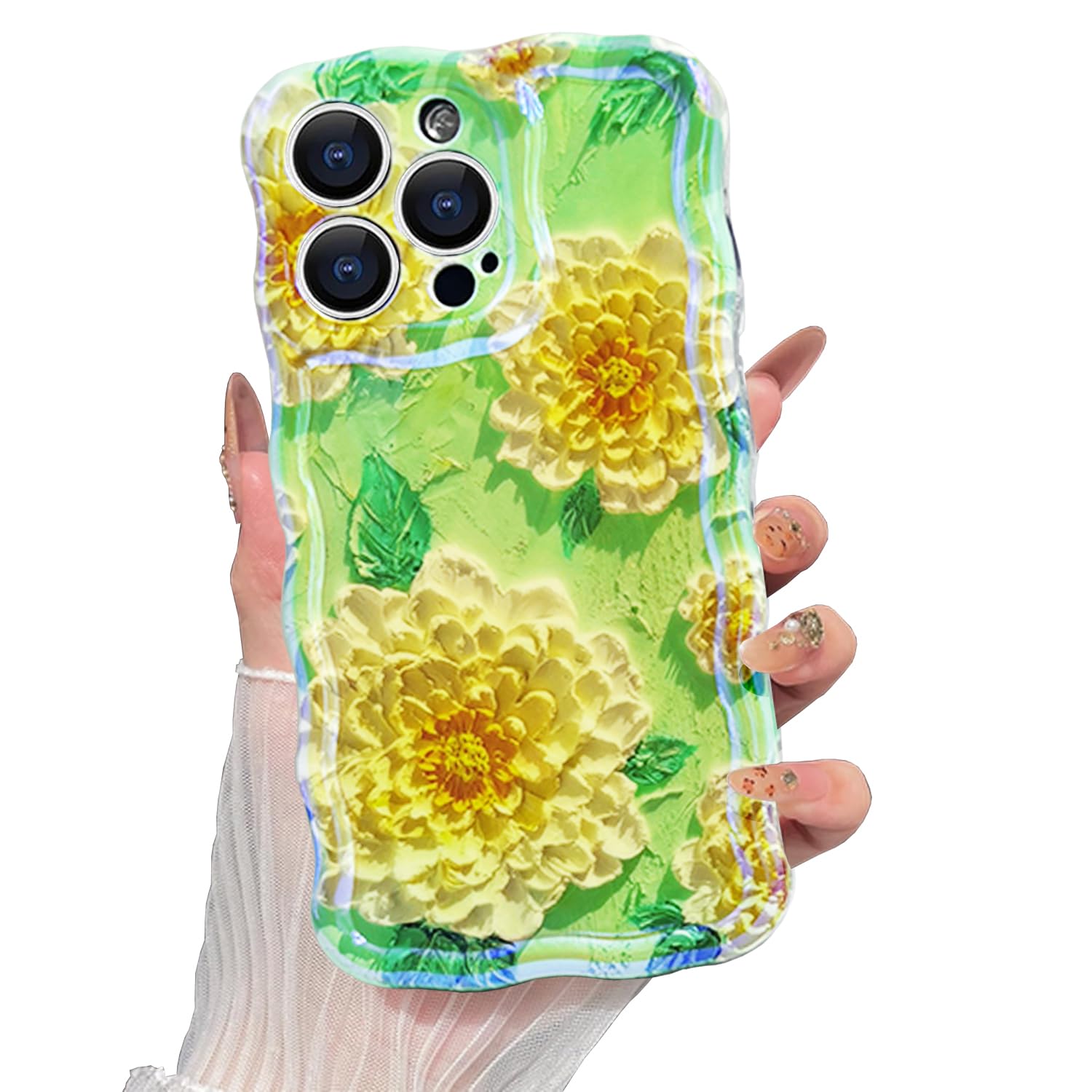 Gauterf Case For Iphone 14 Pro Case,Cute Colorful Retro Oil Painting Printed Rose Flower Laser Glossy Pattern,Curly Wave Edge So