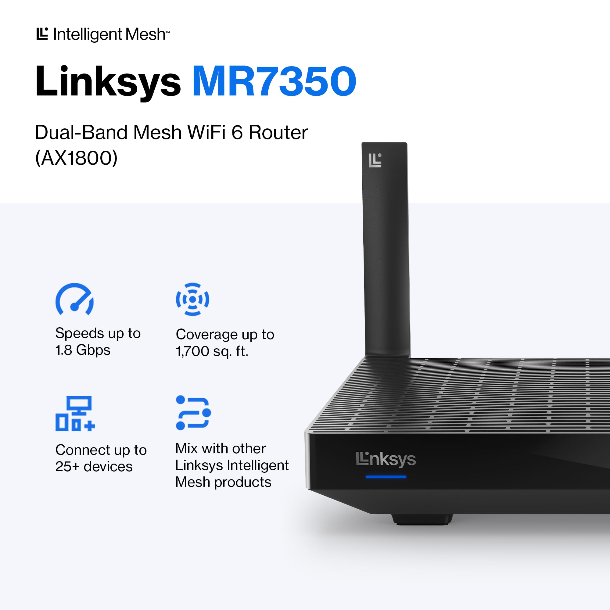 Linksys Mesh Wifi 6 Router, Dual Band, 1,700 Sq. Ft Coverage, 25+ Devices, Speeds Up To (Ax1800) 1.8Gbps   Mr7350