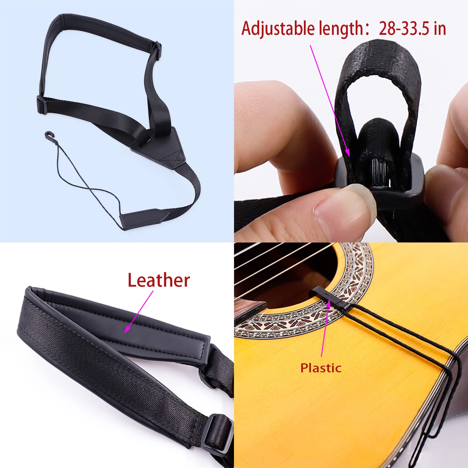 Rauyivany Classical Guitar Strap,Soft Leather Shoulder Strap Width 1.5 In, Length Adjustable 28 33.5 In, Suitable For Classical