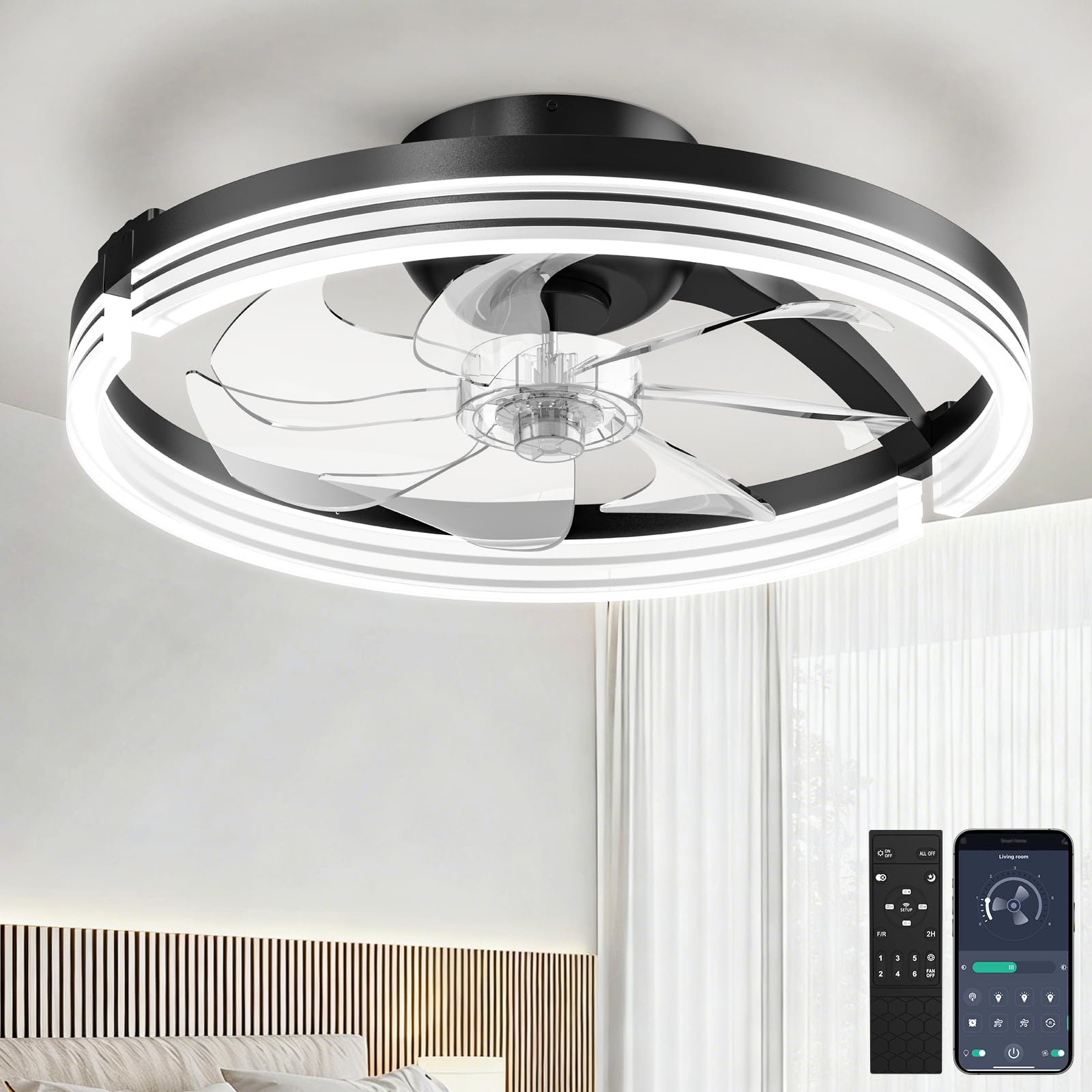 Aphyni Ceiling Fans with Lights and Remote, Low Profile Ceiling Fan, Morden Flush Mount LED Fan Light, 3000K-6500K Dimmable for 