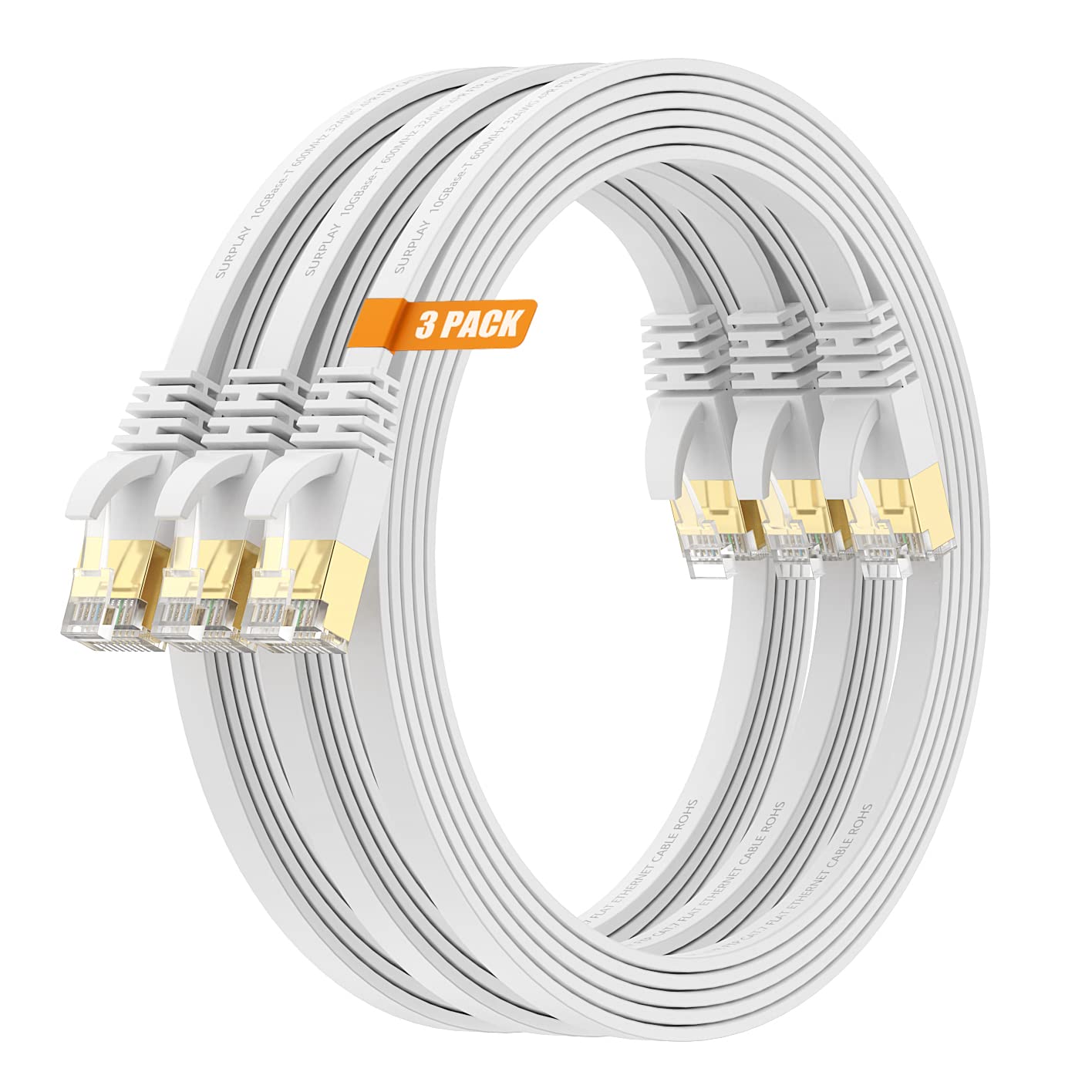 Surplay Cat7 3Pack 10Ft Ethernet Cable White 10Gbps Shielded & Ground Wire Internet Network Flat Patch Cord,Ultra Slim Gold Plat