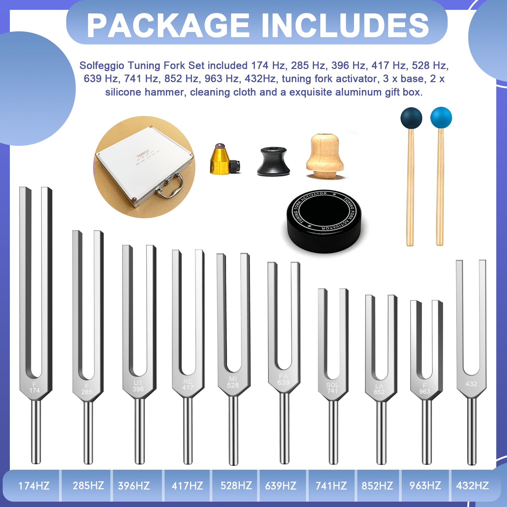 Tenfly Solfeggio Tuning Fork Set   10 Pac Silver Tuning Forks For Body Relaxation, Yoga Meditation, Sound Therapy, Stress Relief