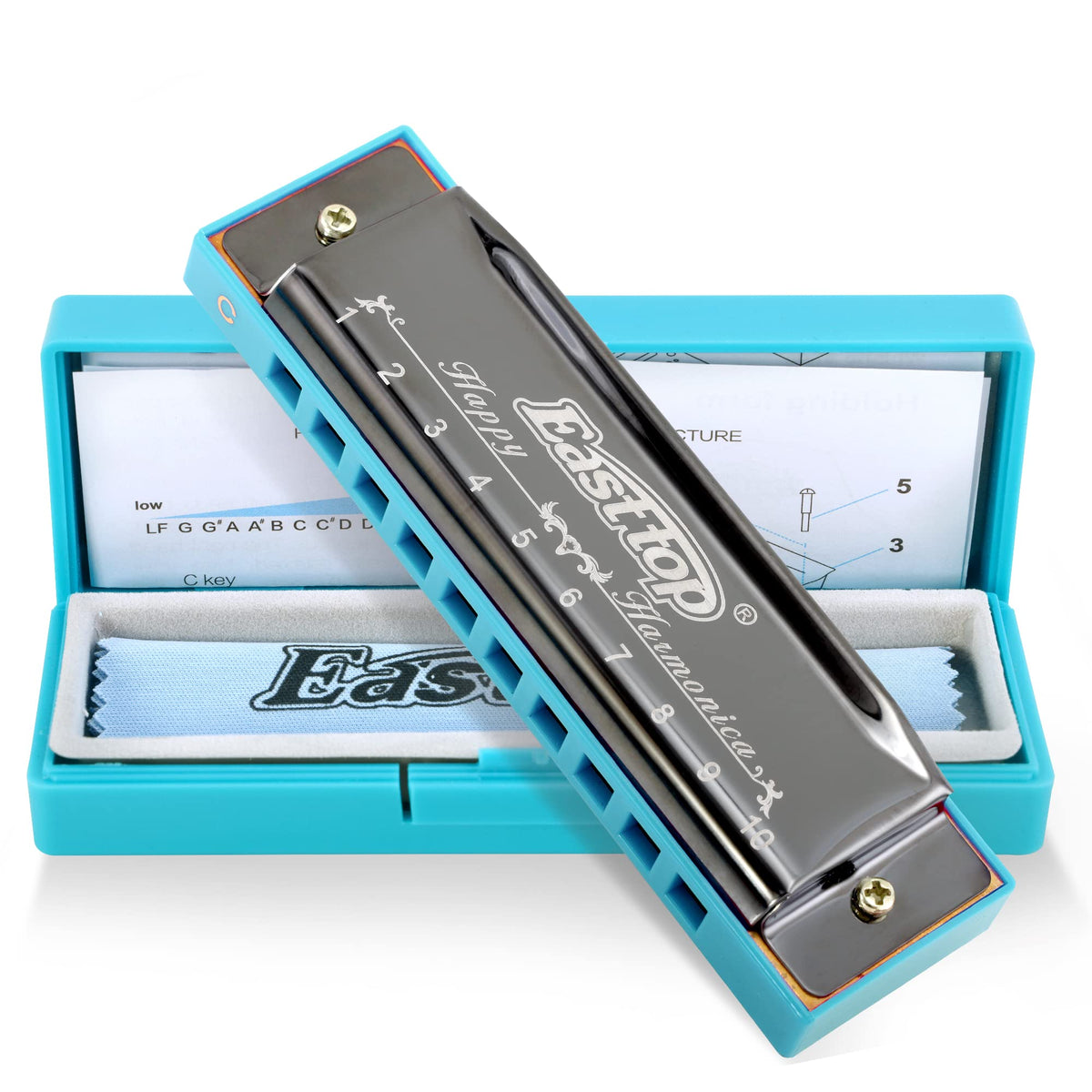 East Top Blues Harmonica, Diatonic 10 Holes C Key Happy Harmonica Mouth Organ For Beginner,Kids,Children,Students,Gift,With Carr
