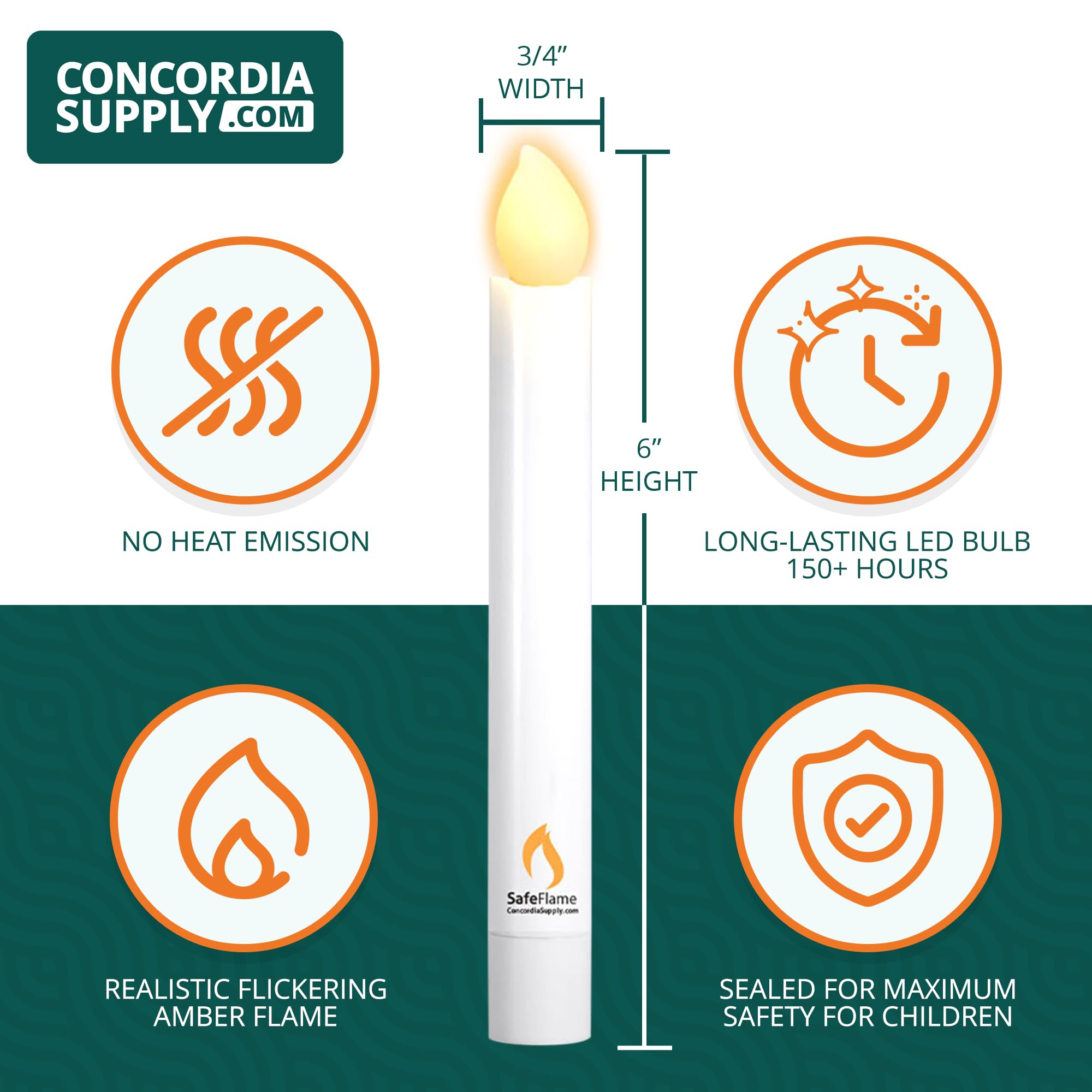 Concordia Supply Safeflame Led Candlesticks   6'' (25 Pack) Handheld Battery Operated Candles W/Flickering Effect   Perfect For