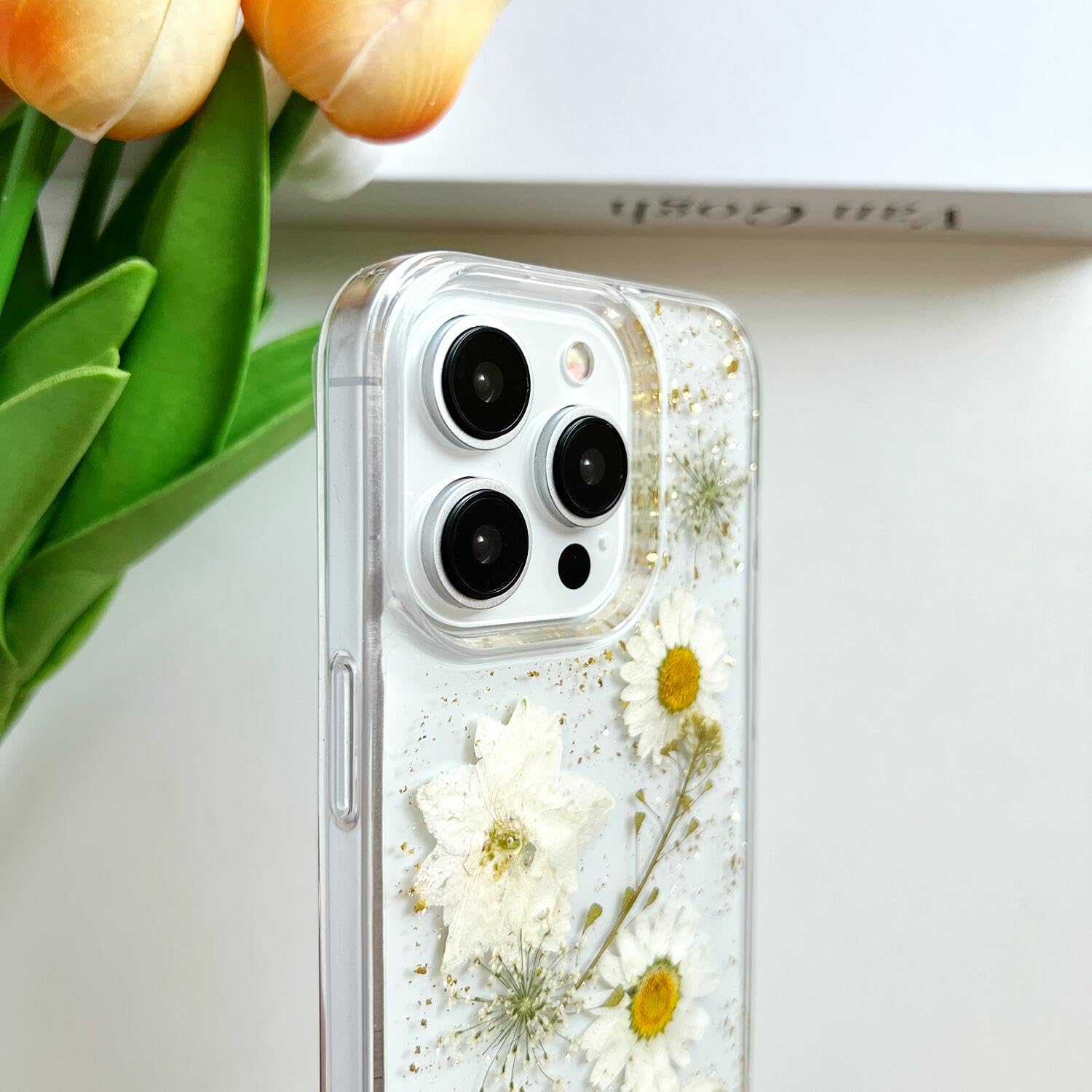 Lseeka For Iphone 15 Pro Clear Case With Pressed Real Flowers Design,Glitter Cute White Floral Pattern Slim Soft Tpu Protective