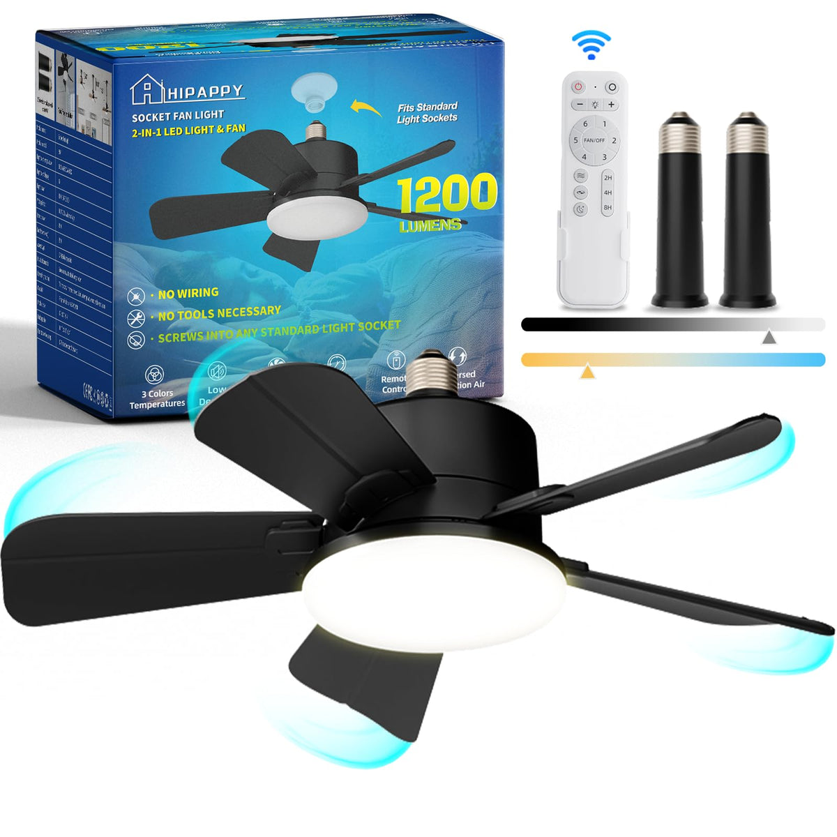Hipappy 17''Socket Fan Light With Remote, 2 Socket Extenders, 6 Speed Dimmable Ceiling Fans, 1200Lm/6500K, Upgrade Button Mute,