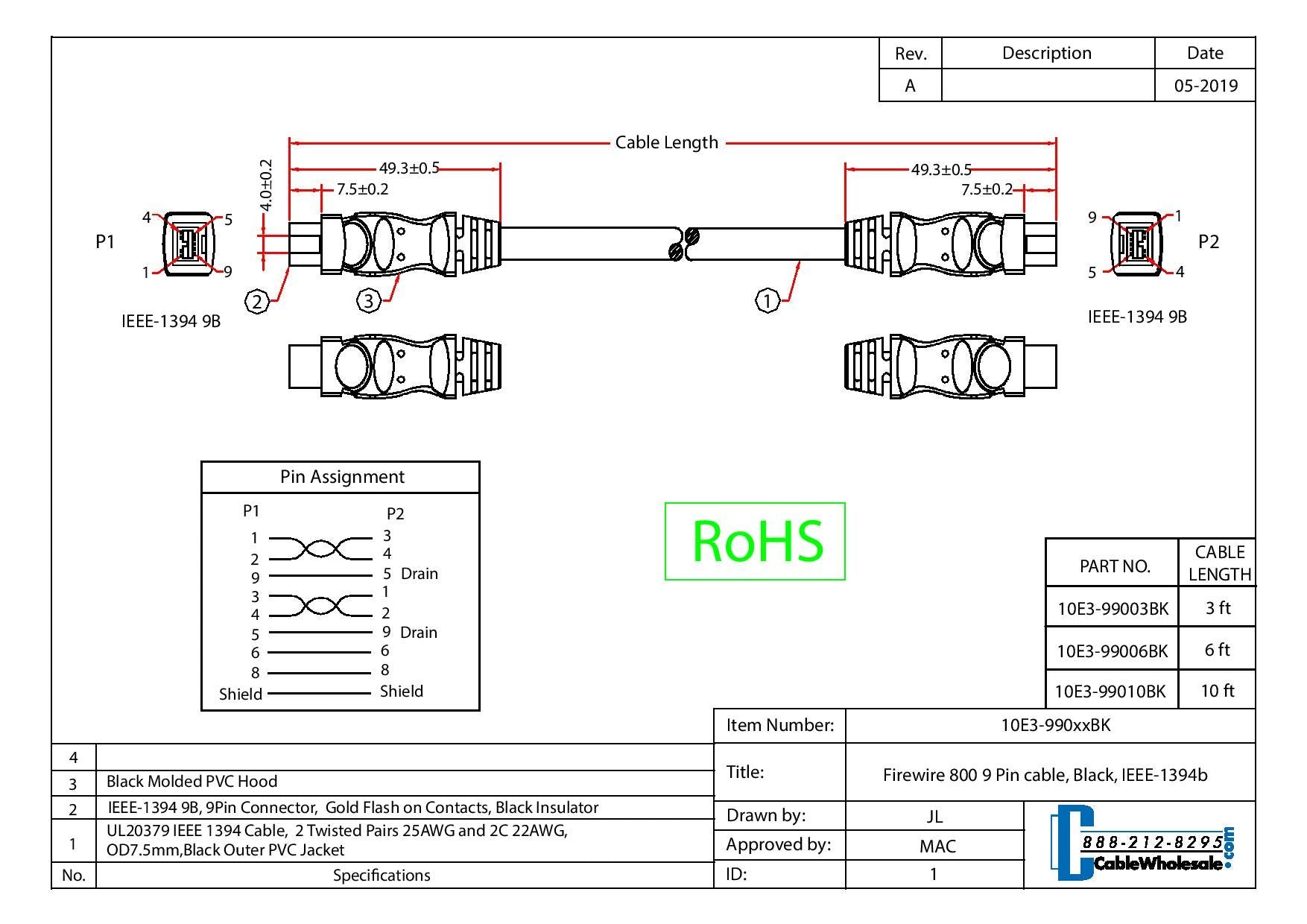 Cablewholesale Firewire 800 9 Pin Cable, Male To Male Ilink Dv Cable, 9 Pin/9 Pin Ieee 1394B, Black, 3 Feet, Ieee 1394B High Spe