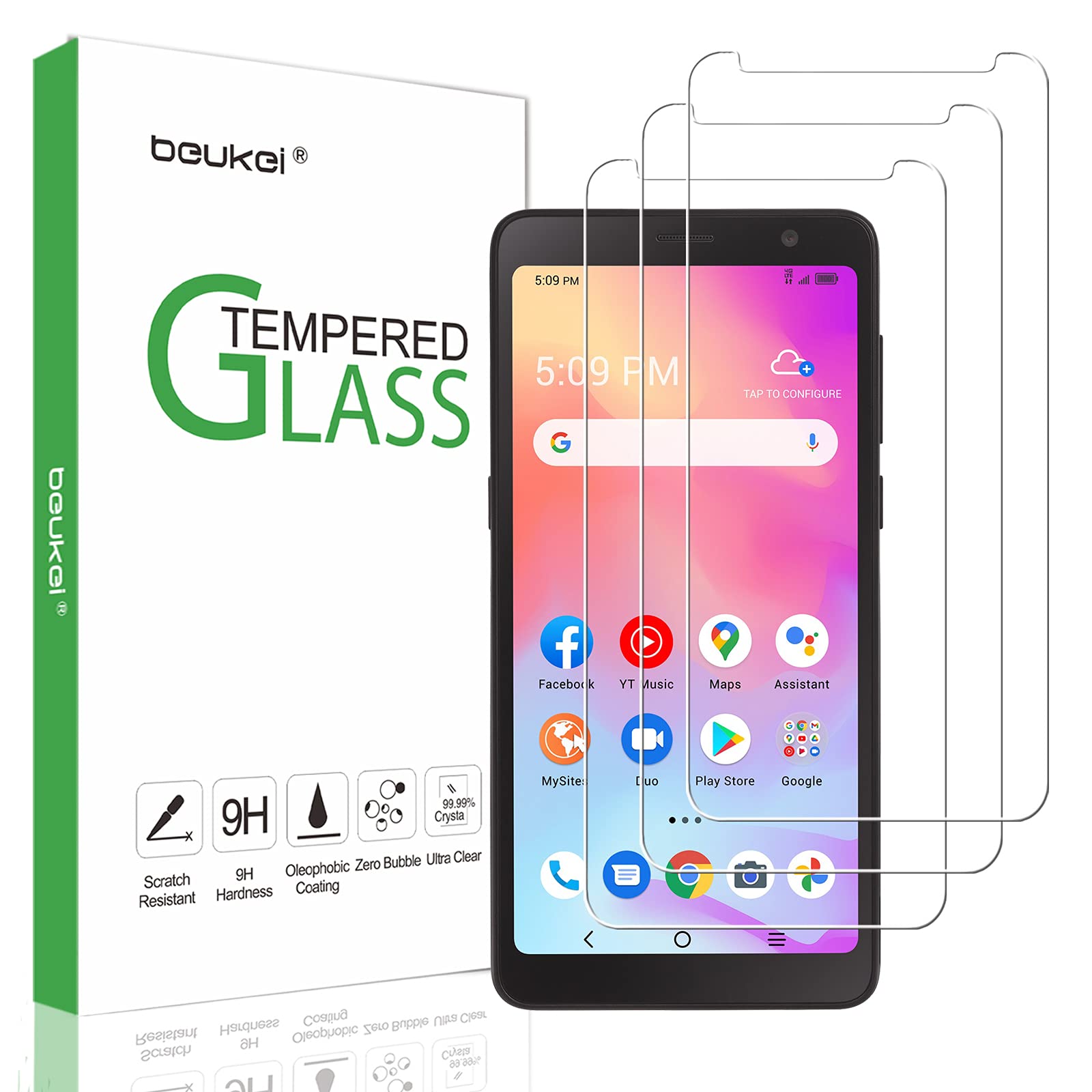 Beukei (3 Pack) Compatible For Alcatel Tcl A3 (A509Dl) Screen Protector Tempered Glass, (55 Inch) Touch Sensitive,Case Friendly,