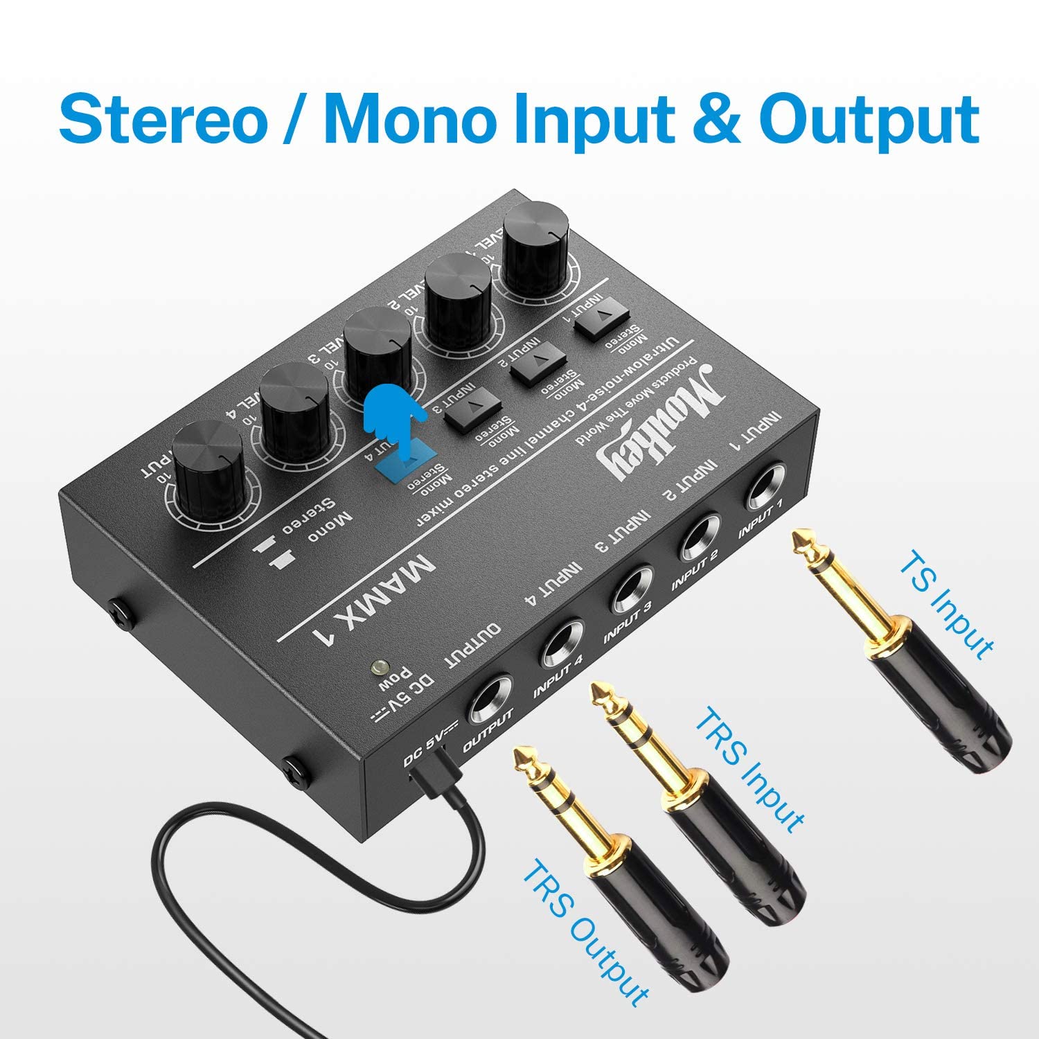 Moukey Mini Audio Mixer Line Mixer, Dc 5V, 4 Stereo Ultra, Low Noise 4 Channel For Sub Mixing, For Small Clubs Or Bars, As Guita