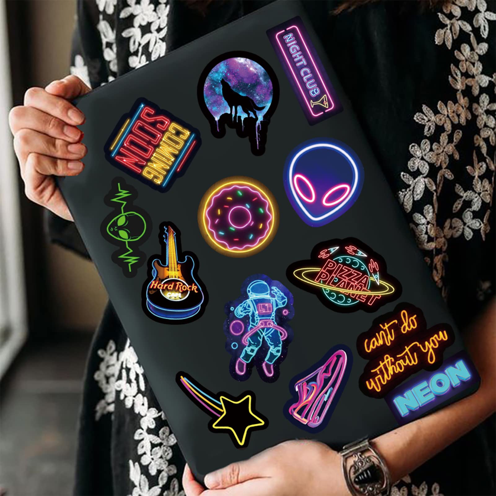 100Pcs Cool Neon Light Stickers For Kids Teens Adults, Trendy Graffiti Waterproof Vinyl Neon Stickers Pack For Water Bottle, Gui