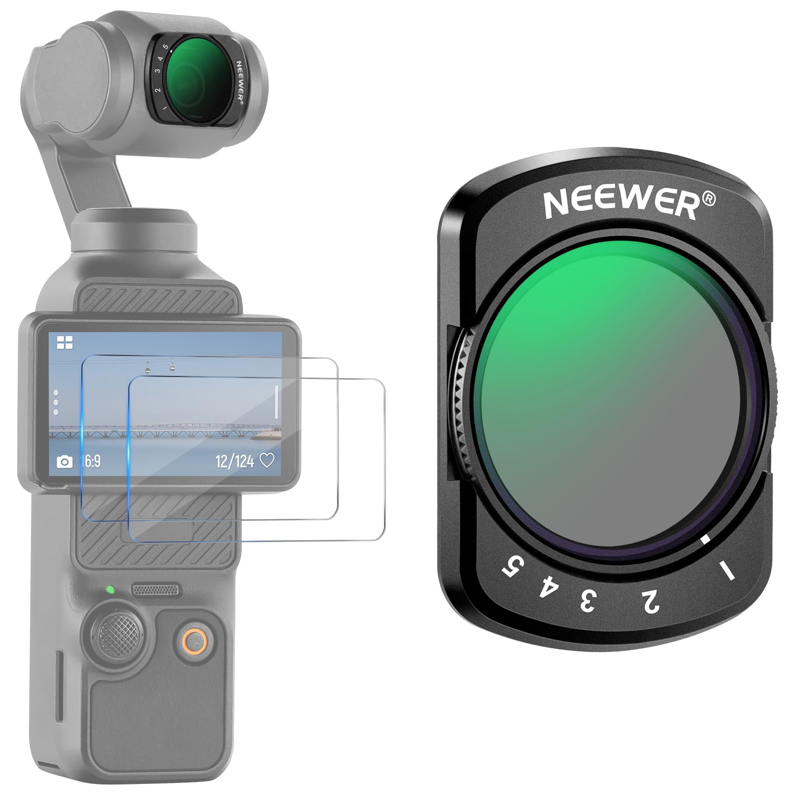 NEEWER Variable ND2-32 Filter Compatible with DJI Osmo Pocket 3, Magnetic 1-5 Limited Stops Adjustable ND Filter, Action Camera 