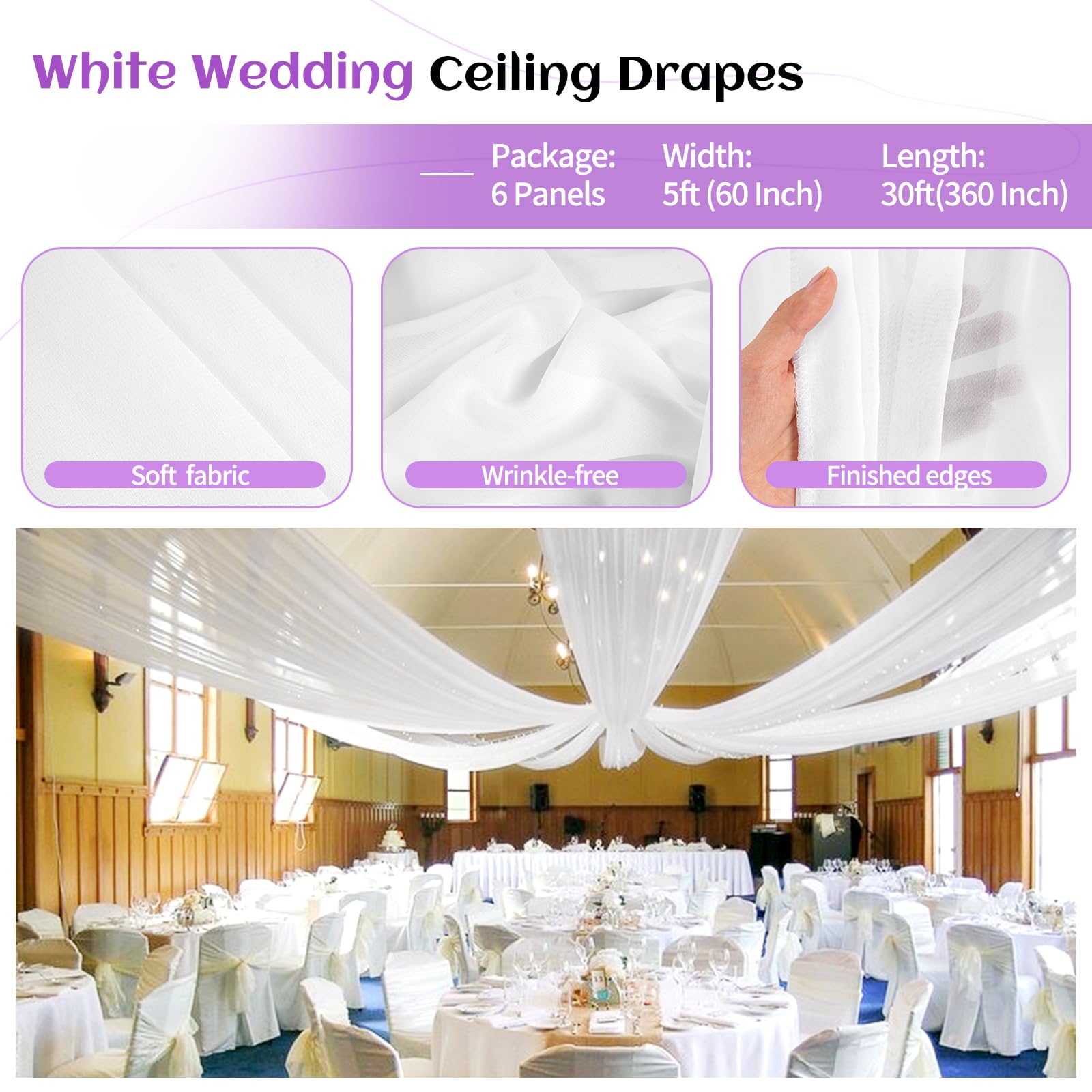 6 Panels White Ceiling Drapes For Wedding Ceiling Drapes 5Ftx30Ft Wedding Arch Draping Fabric Sheer Curtains Voile Chiffon Drape