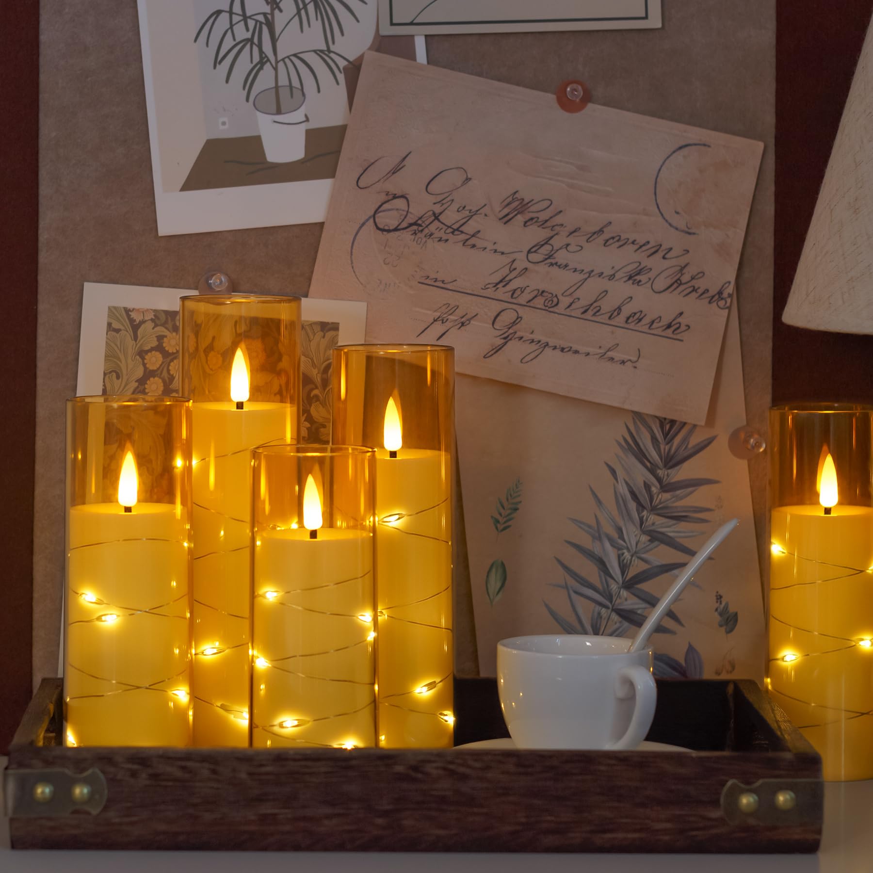 Zevanor Flameless Flickering 2.2'' X5'' 6'' 7'' 8'' 8'' Candles, Led Battery Operated Gold Clear Plastic Timer Pillar Realistic