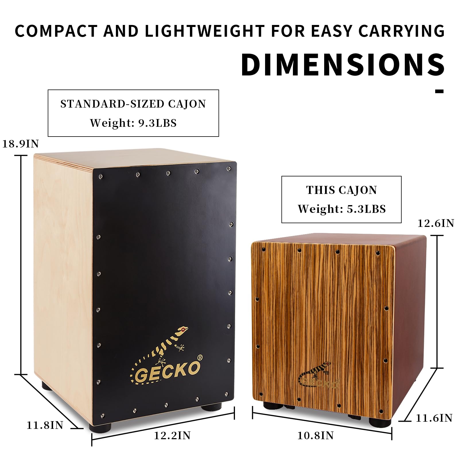 Gecko Cajon Drum Box With Snare And Bass Tone For Acoustic Music, Percussion Instrument With Internal Adjustable Guitar Strings