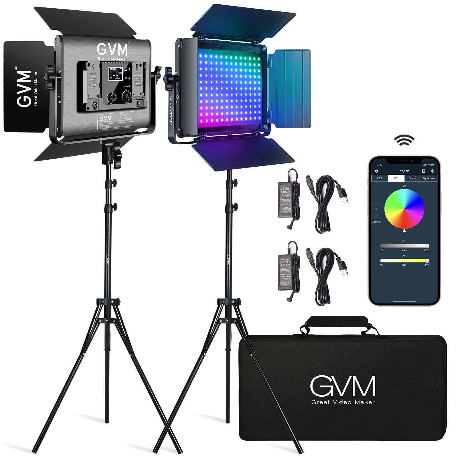 Gvm Rgb Led Video Light With Lighting Kits, 680Rs 50W Led Panel Light With Bluetooth Control, 2 Packs Photography Lighting For Y