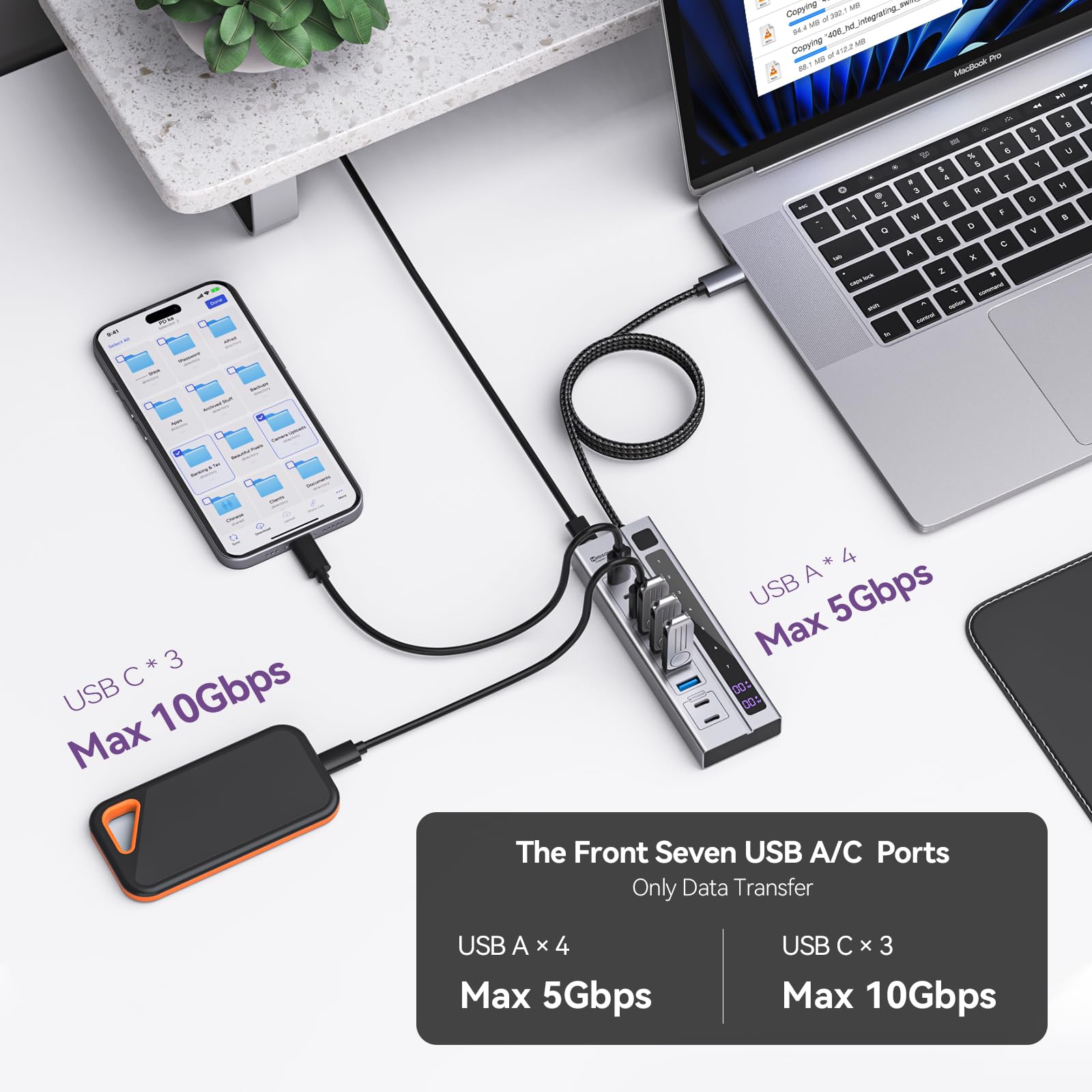 Minisopuru USB C Hub - 10Gbps Data Transfer, Max 45W Charging, Black