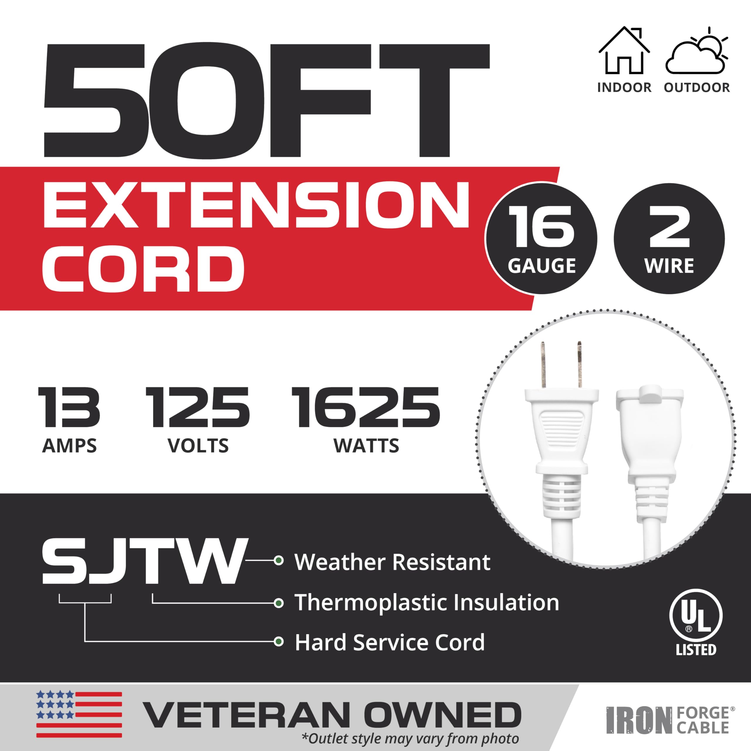 Iron Forge Cable 2 Prong Outdoor Extension Cord 50 Ft   16 Gauge 13 Amp Heavy Duty Power Extension Cords   Sjtw   Great For Outd