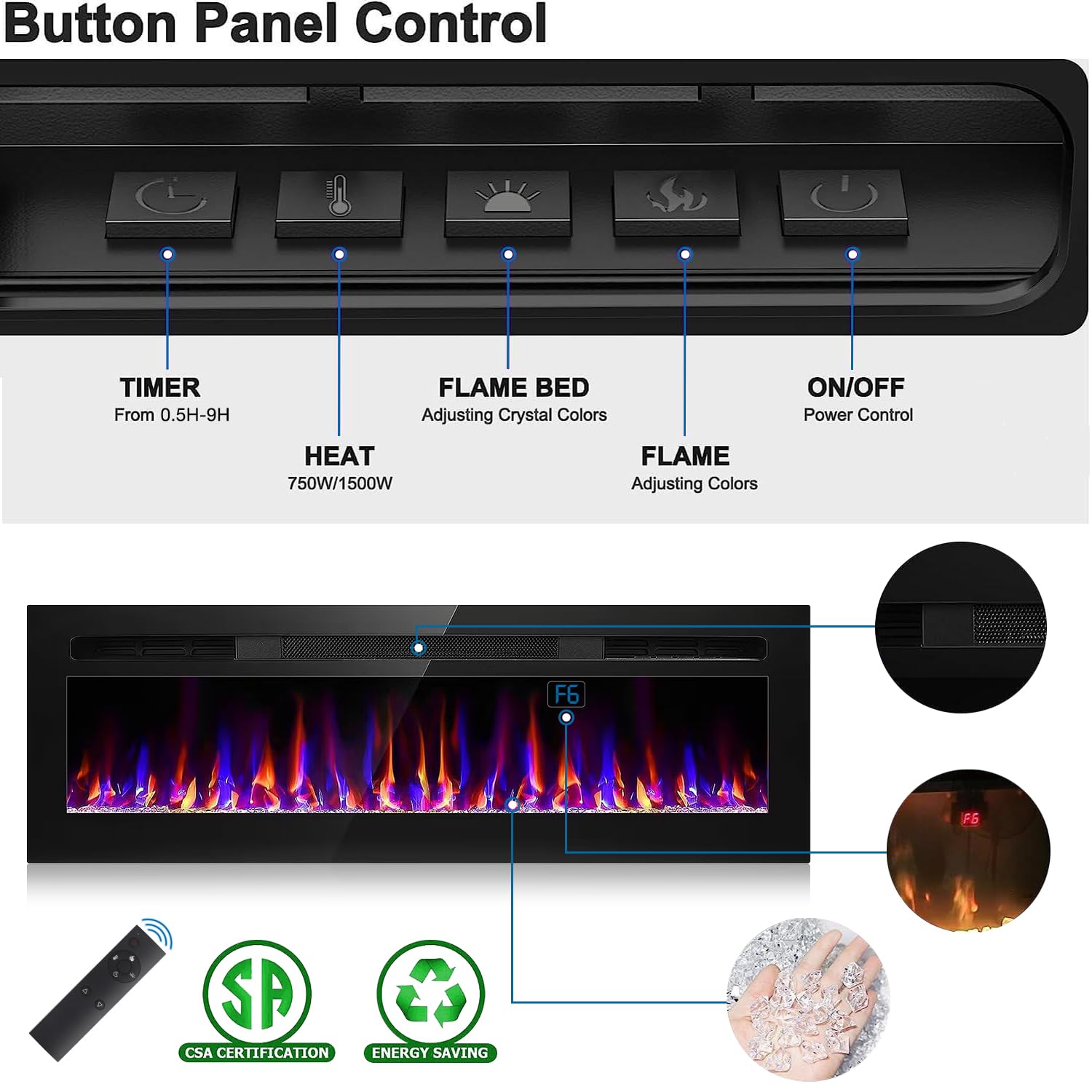 60 Inch Electric Fireplace Recessed And Wall Mounted, Fireplace Heater And Linear Fireplace, Ultra Thin Electric Fireplace, Low