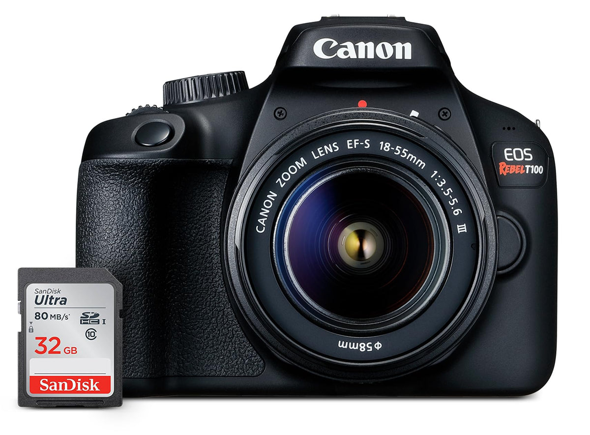 Canon EOS Rebel T100 DSLR Camera with EF-S 18-55mm f/3.5-5.6 III Lens, 18MP APS-C CMOS Sensor, Built-in Wi-Fi, Optical Viewfinder, Impressive Images & Full HD Videos, Includes 32GB SD Card