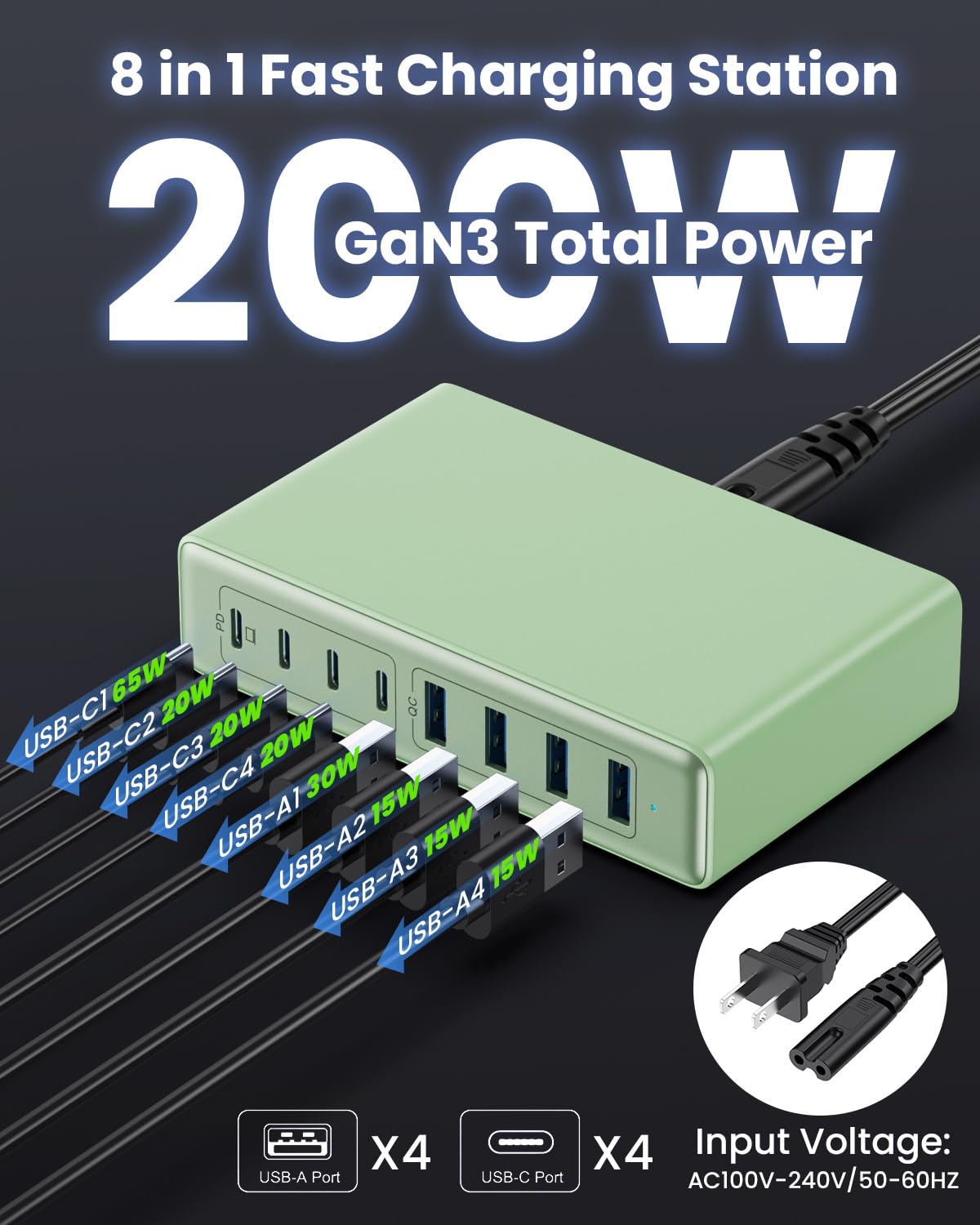 200W Usb C Charger,Gan Iii 8 Ports Usb C Charger Block,Qc4.0 Fast Phone Charging Station Hub+Pd 65W Usb C Laptop Charger Adapter