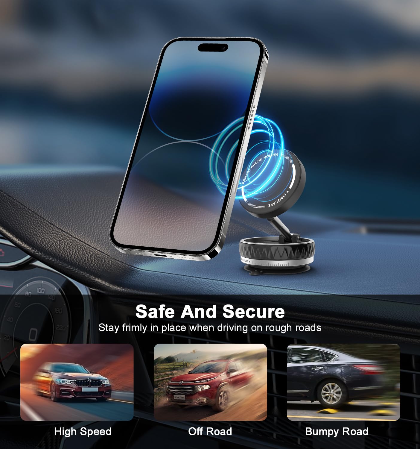 Car Upgraded Mount For Magsafe, [Strongest Suction & 2500Gf Strongest Magnetic] 360Adjustable Cell Phone Holder, With 2Pcs Ring-