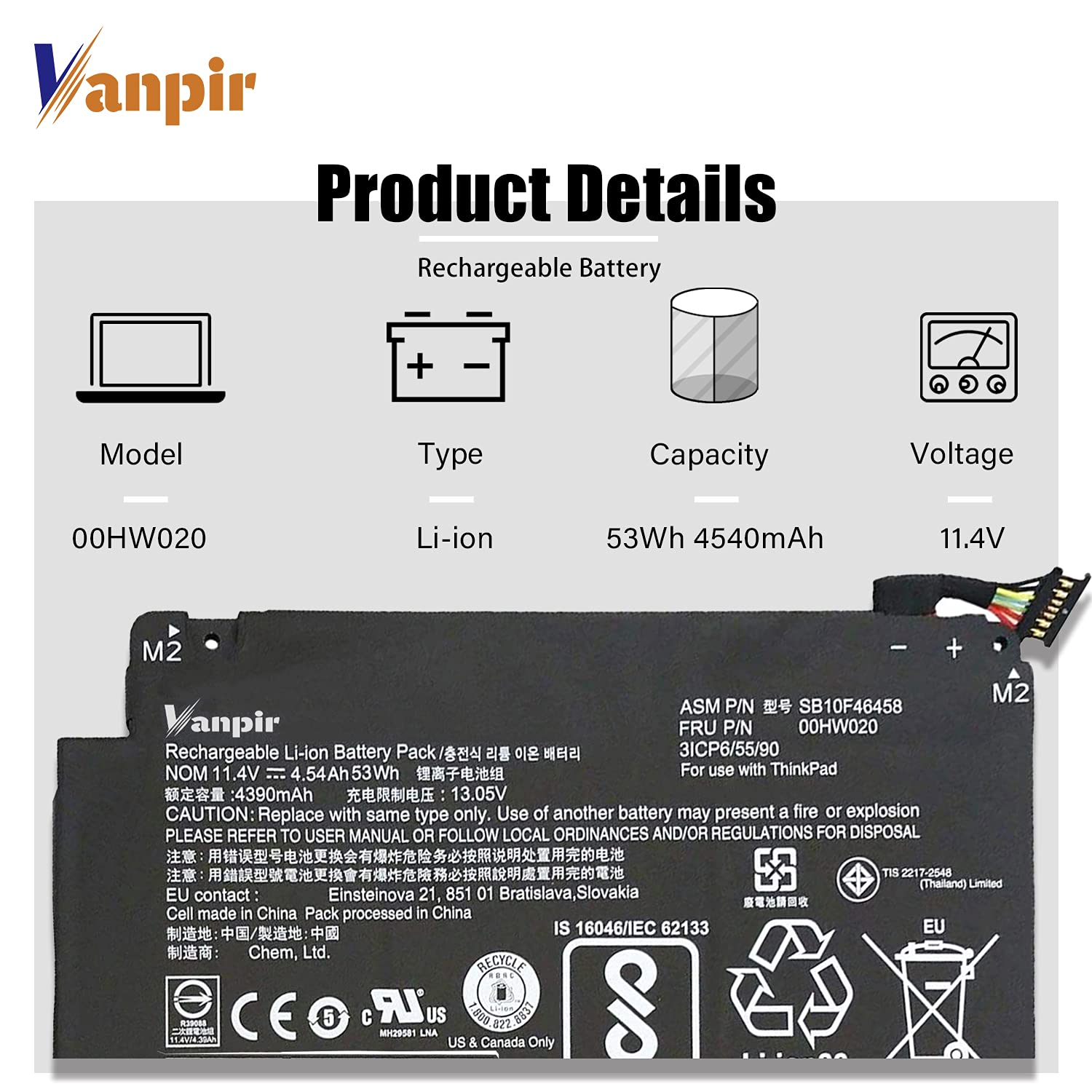 Vanpir 00Hw020 Sb10F46458 Laptop Battery 11.4V 53Wh 4540Mah Replacement For Lenovo Thinkpad Yoga 460 P40 Series 00Hw021 Sb10F464
