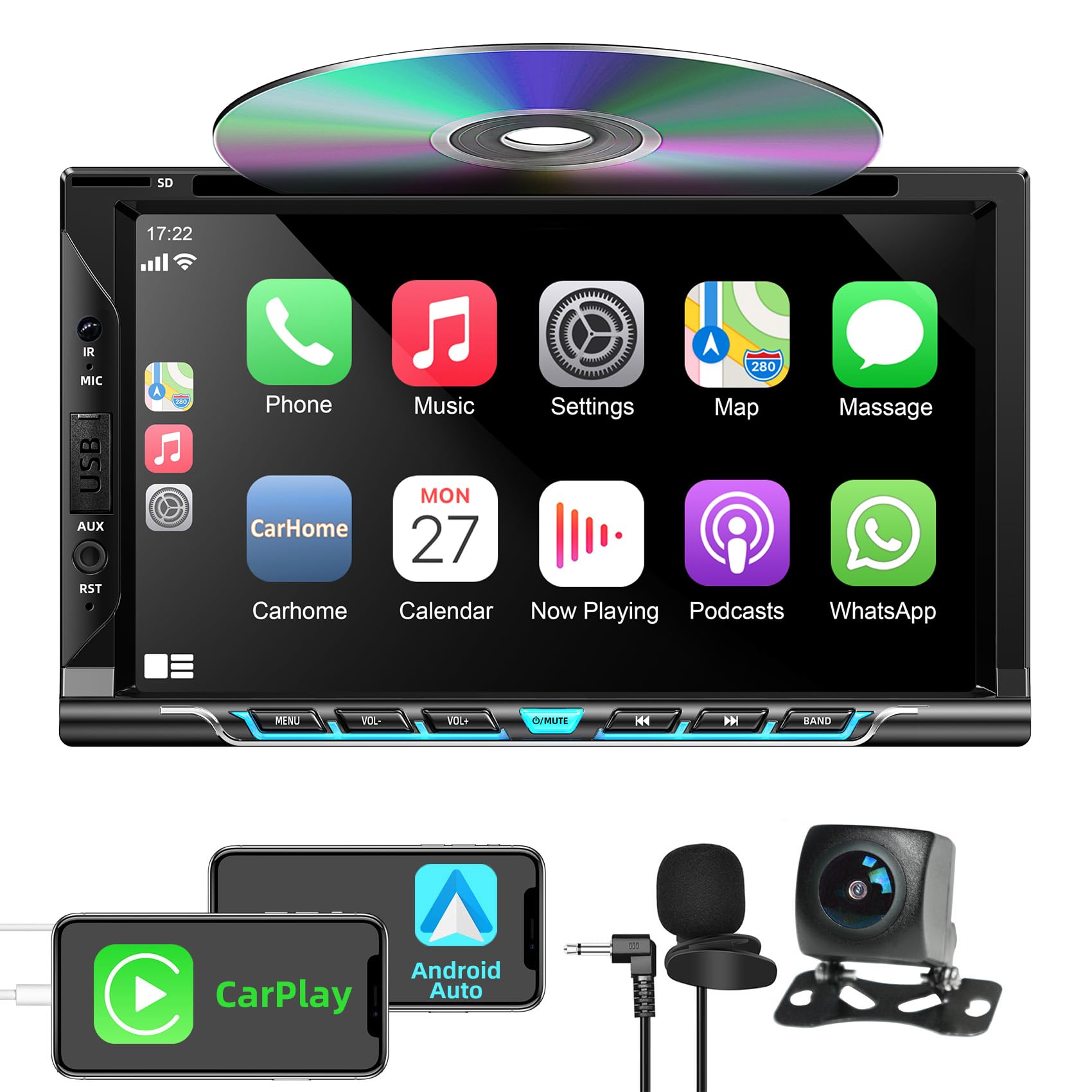Double Din Car Stereo With Carplay&Android Auto,7 Inch Hd Touchscreen Car Radio Support Cd Dvd Player,Bluetooth,Backup Camera,Mi