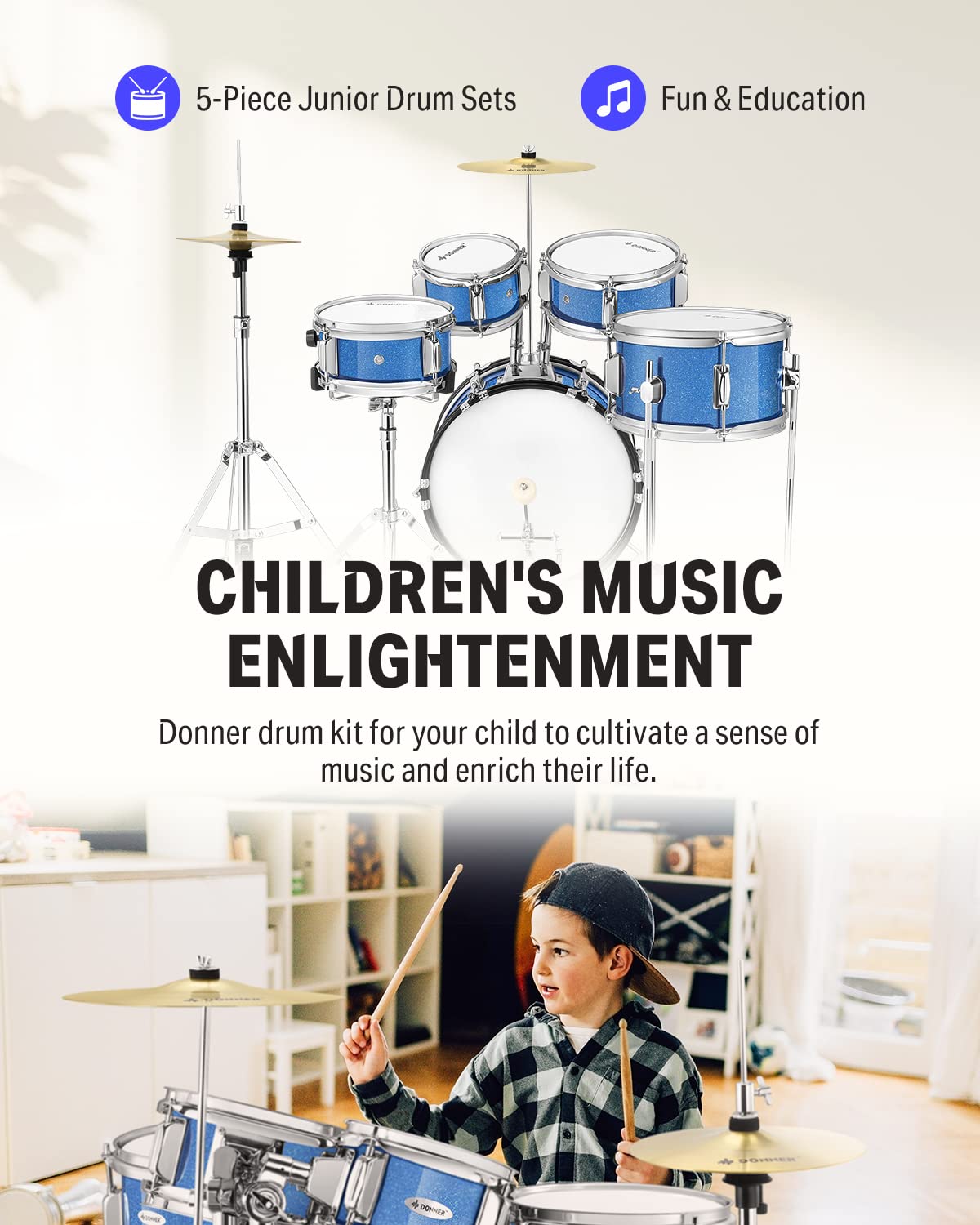 Kids Drum Sets Donner 5 Piece For Beginners,14 Inch Junior Drum Kit, With Adjustable Throne, Cymbal, Hi Hat, Pedal & Drumstick,