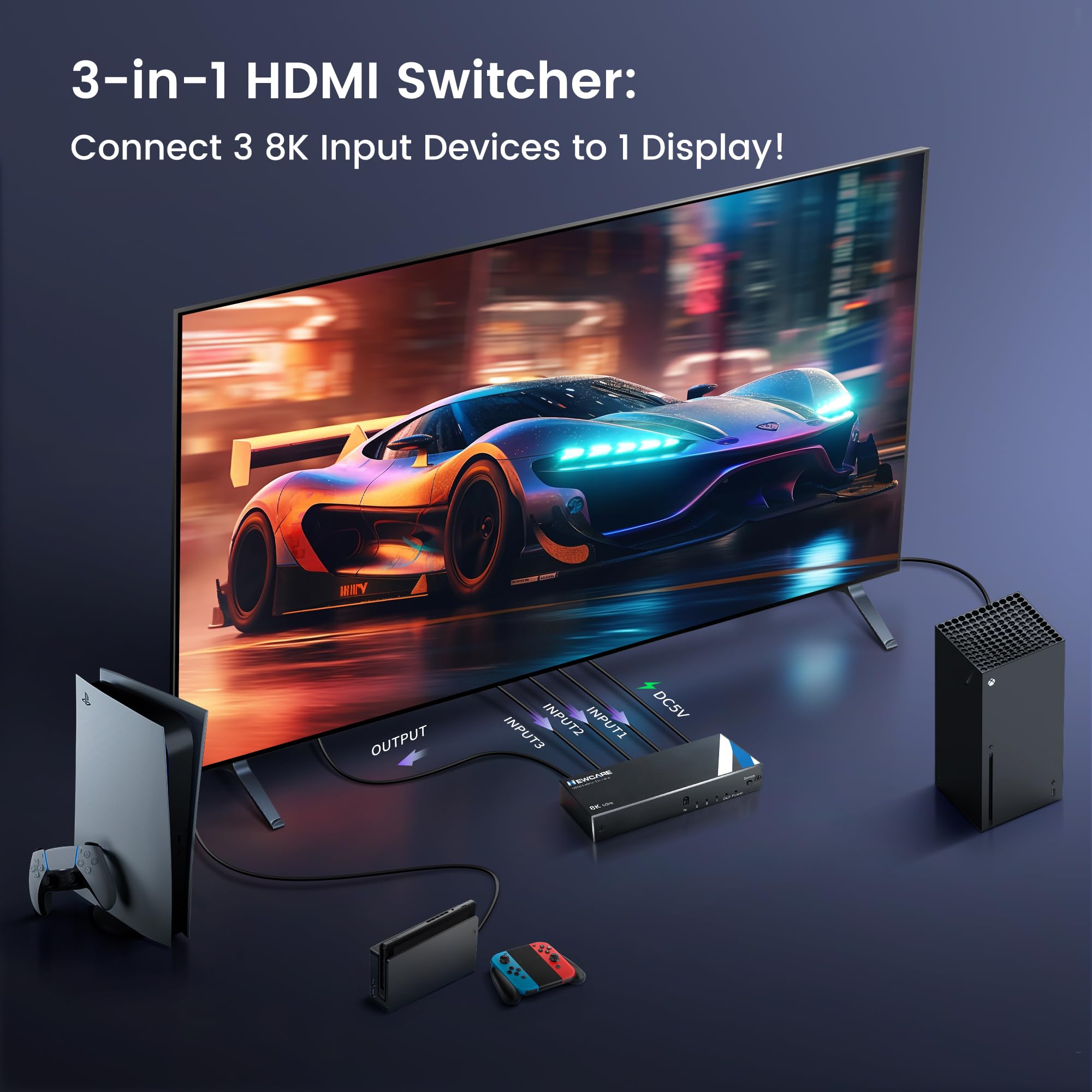 Newcare 8K Hdmi 2.1 Switch 3 In 1 Out With Remote, 8K@60Hz 4K@120Hz Hdmi Switch Support 48Gbps, 3D Surround Sound, Hdr 10+, Vrr, Allm,3 Port Hdmi Switcher Compatible With Ps5/4 Xbox, Streaming Device