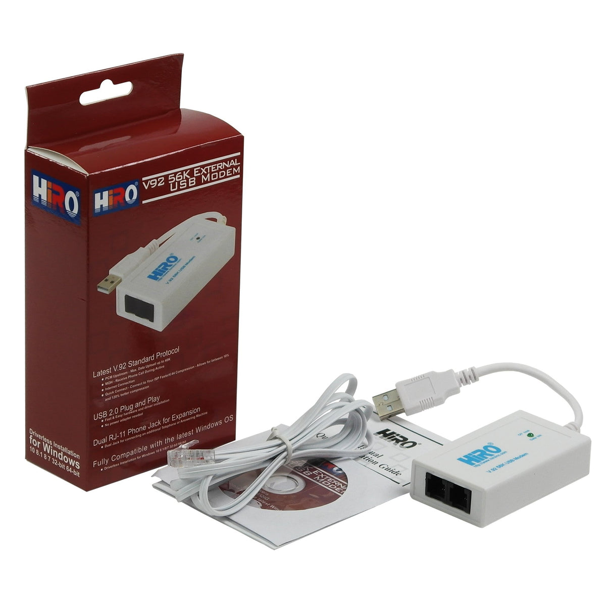 Hiro V92 56K External Usb Data Fax Dial Up Internet Modem Dual Port Built In Buzzer Truly Plug N Play Driverless Installation Bu