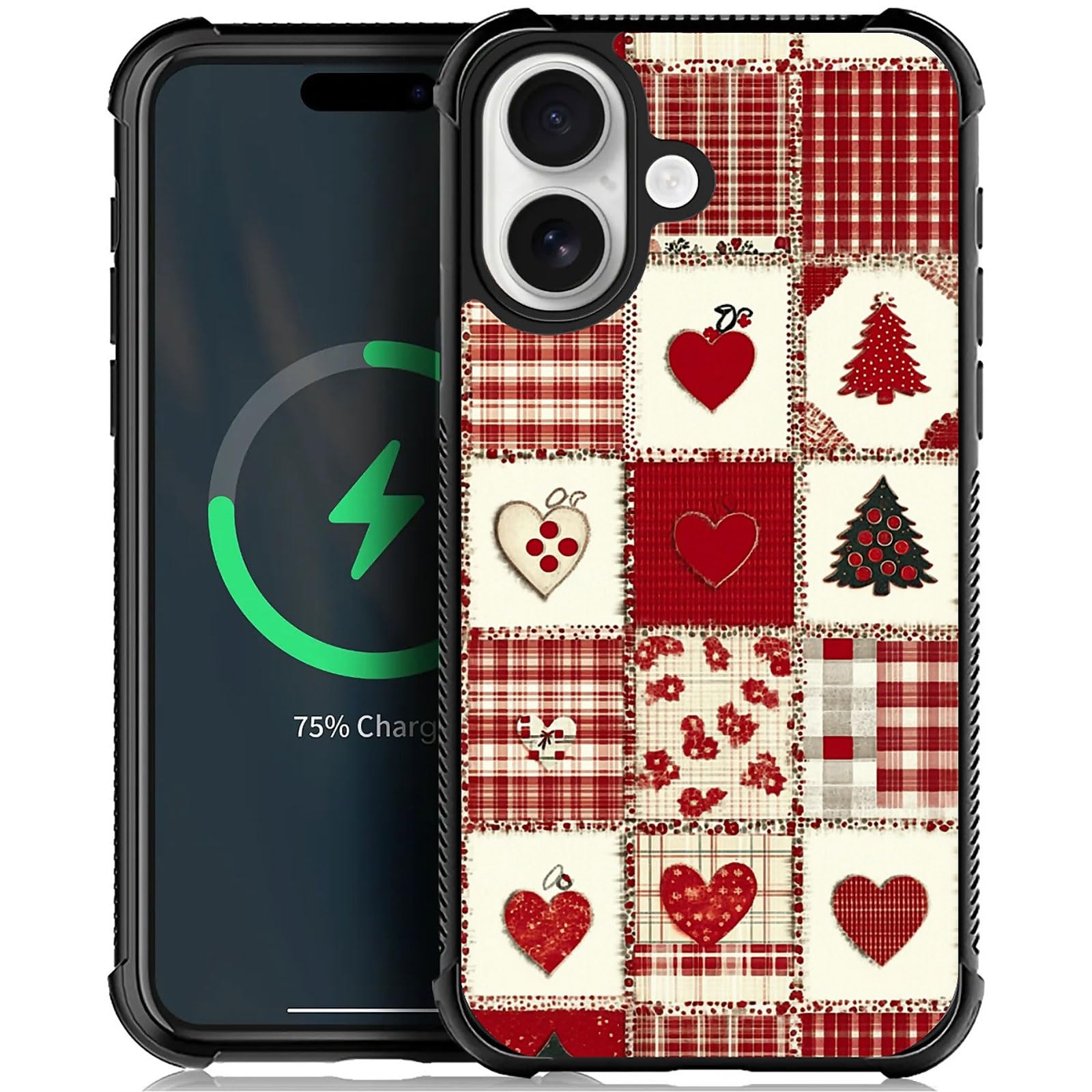 XUANWENPA for iPhone 16 Plus Case,The Black Shell Design is Bright,Anti Drop and Dust-Proof,Christmas Tree and Checkered Heart.