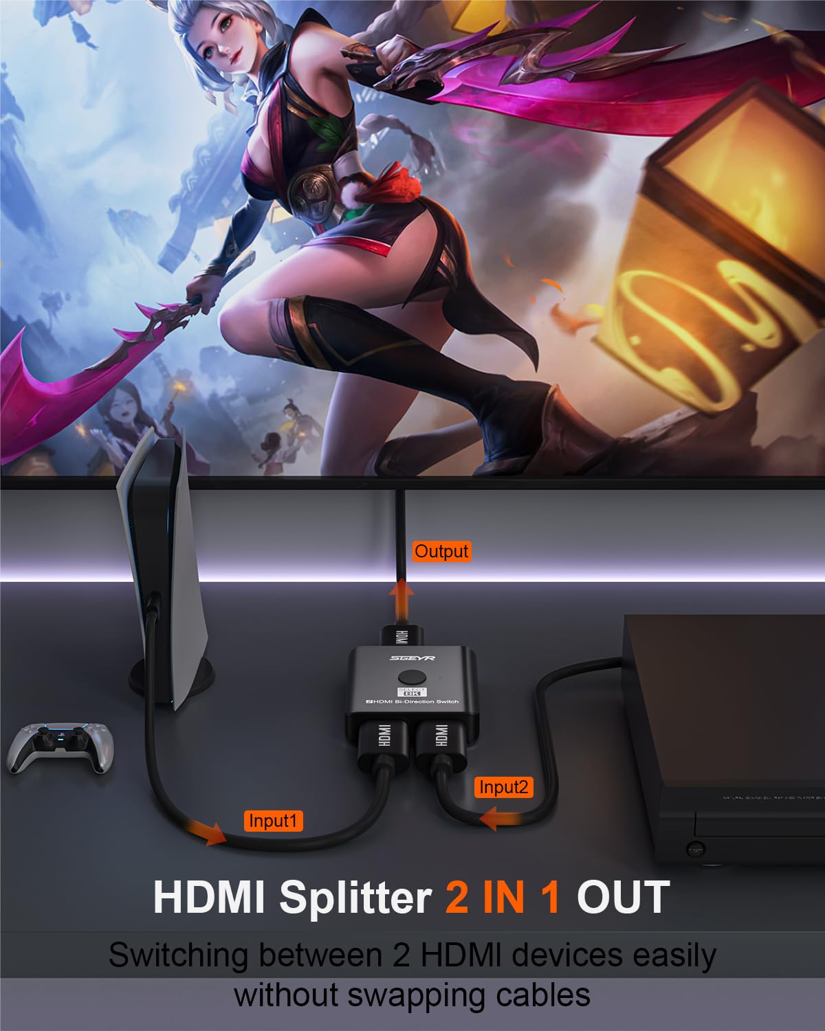 Sgeyr Hdmi Switch, 8K Hdmi Switcher 2 In 1 Out,Hdmi 2.1 Switch Selector,Aluminum Hdmi 2.1 Splitter Bi Directional Ultra Hd, Support 8K@60Hz,48Gbps, Compatible With Ps5/4,Xbox,Roku