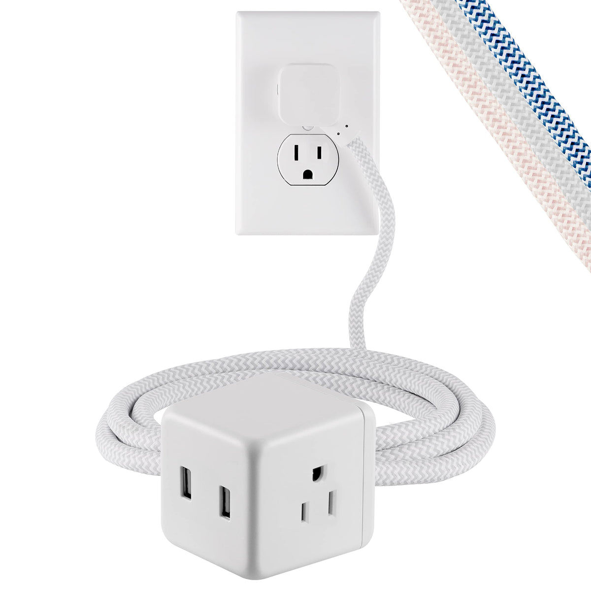 Cordinate 3 Outlet Extension Cord Cube With 2 Usb Ports (2.4 Amps), 5 Ft Braided Cord, Power Strip, Outlet Extender, Space Savin