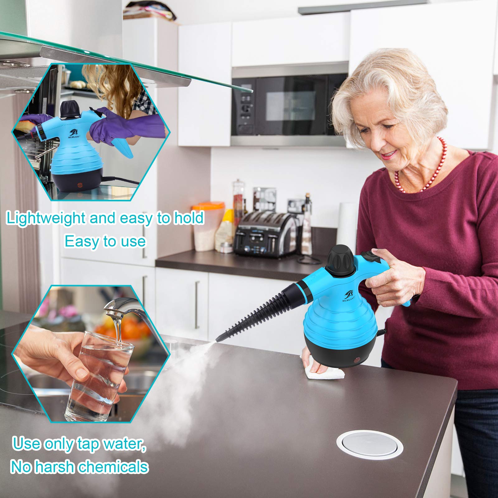 Mlmlant Handheld Steam Cleaner, Multipurpose Portable Upholstery Steamer With Safety Lock And 9 Accessory Kit For Carpet, Couch,