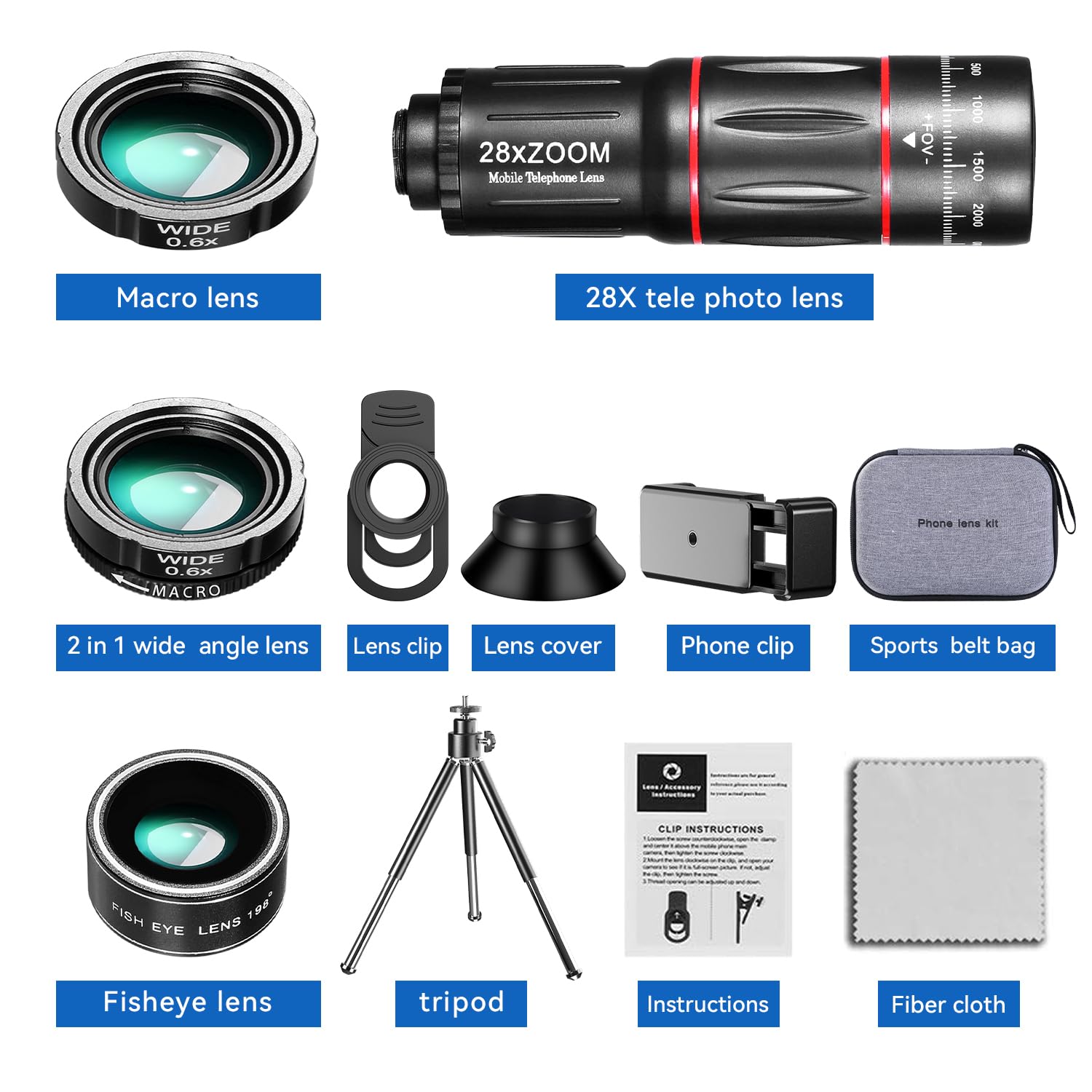 Hytamy Phone Camera Lens Kit, 4-In-1 Set Upgraded External Camera, Telephoto 28X, Wide Angle 0.6X, Macro 20X, Fisheye 198, Suita