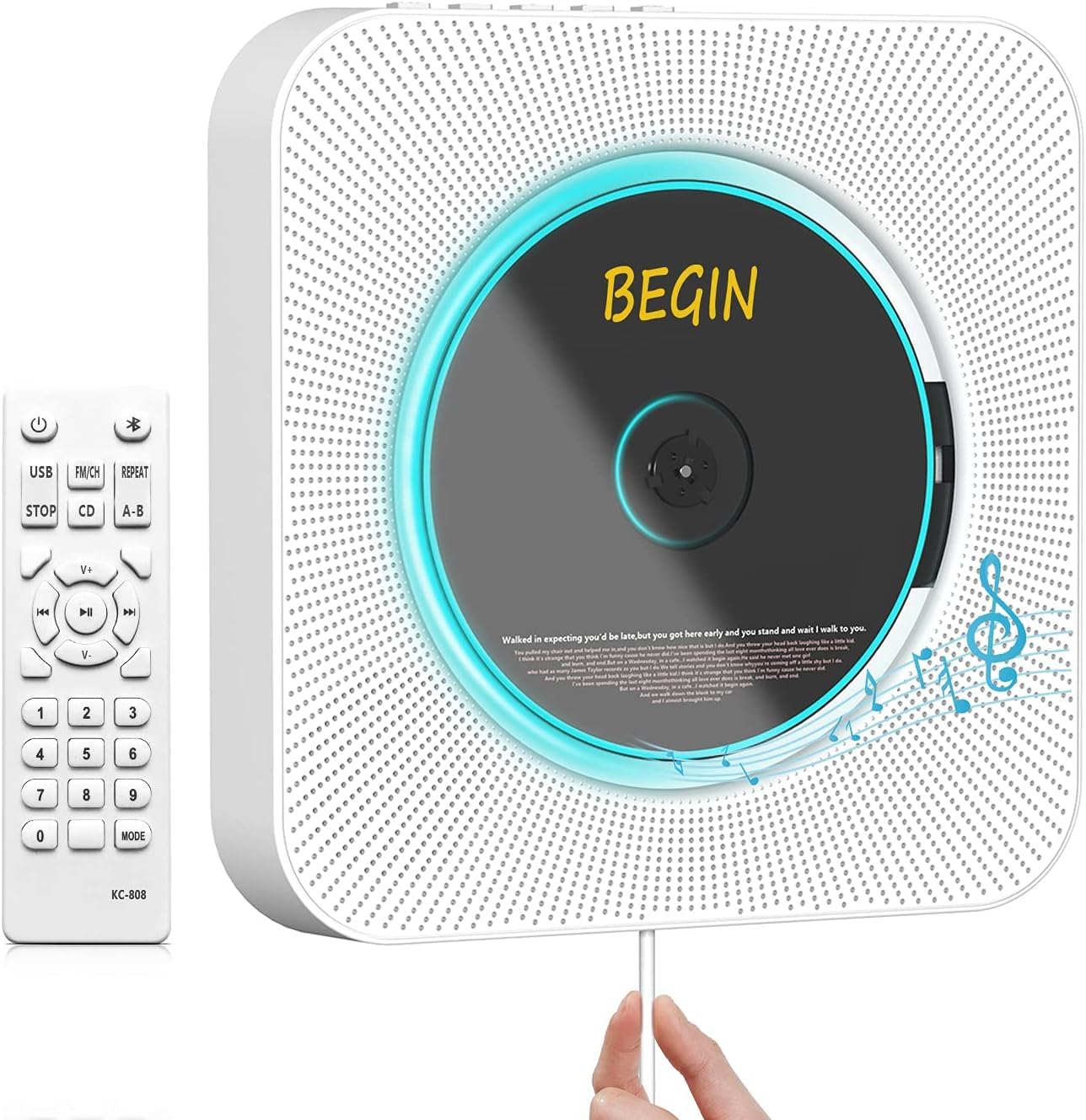 Aonco Portable Cd Player,Bluetooth Wallmounted Cd Music Player Home Audio Speaker,With Remote Control Fm Radio Builtin Hifi Sp
