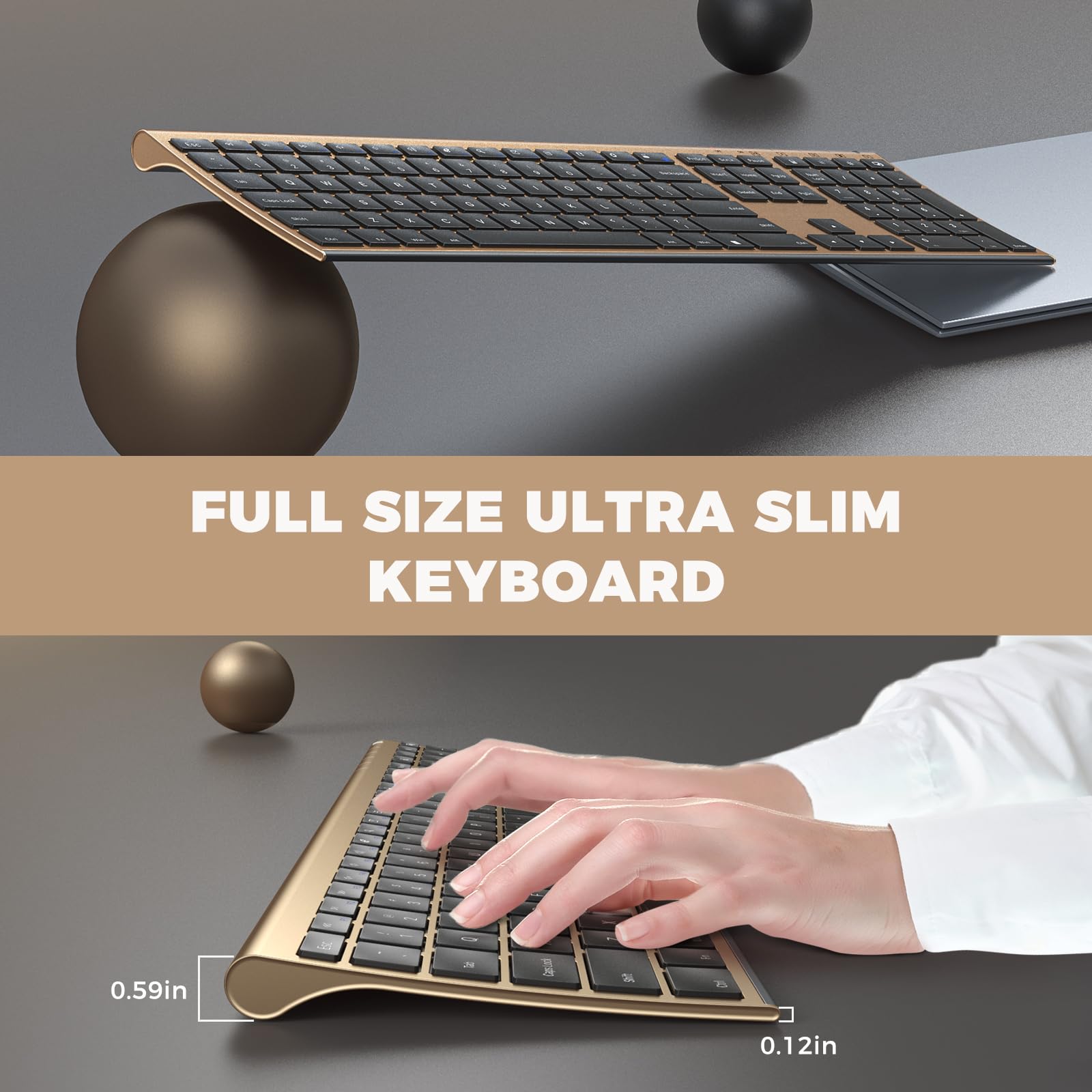 VssoPlor Wireless Keyboard and Mouse Combo - 2.4GHz Rechargeable, Full-Size, Quiet, Black and Gold, Nano USB Receiver for Windows, PC, Laptop