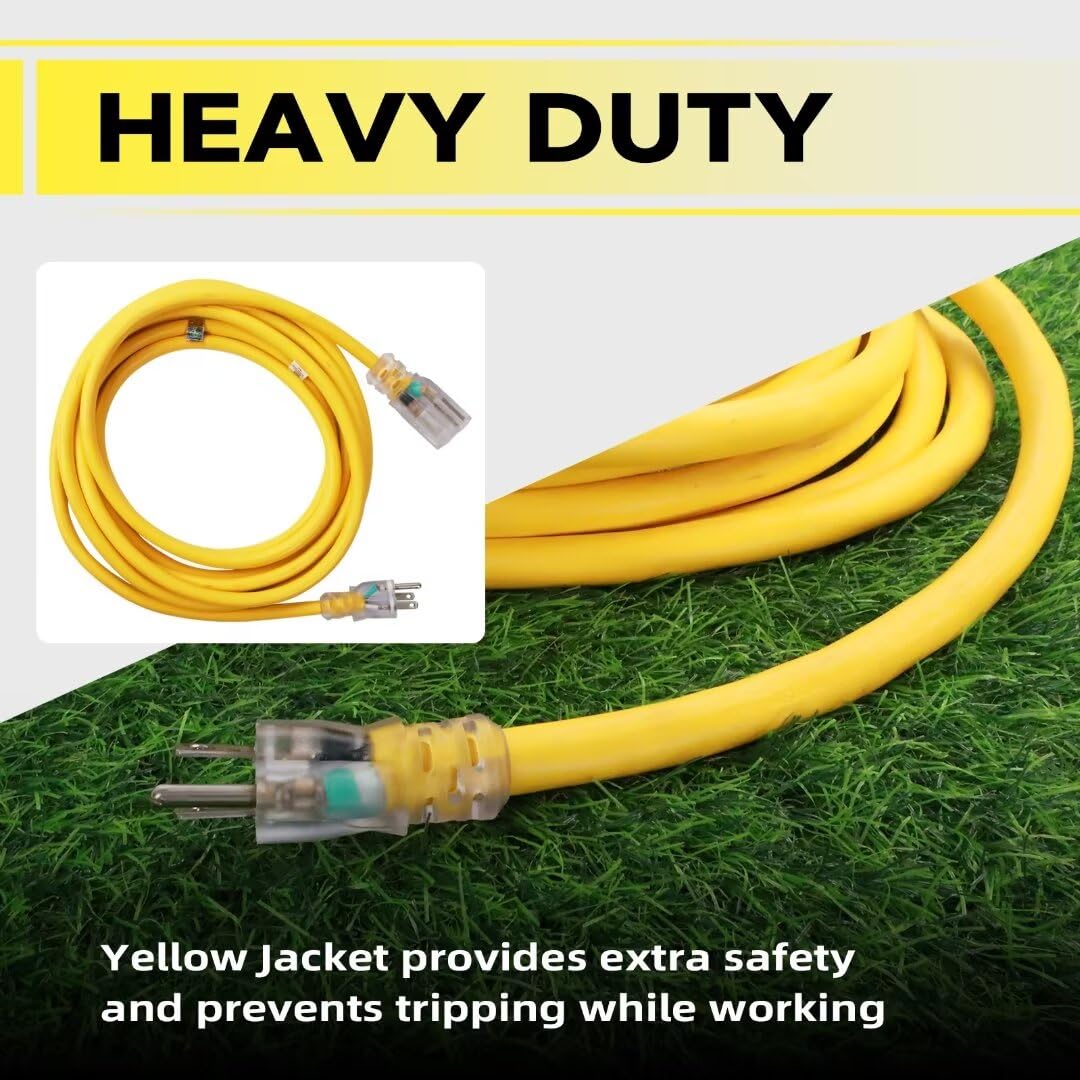 Greatide 50 Ft Lighted Outdoor Extension Cord   10/3 Sjtw Heavy Duty Yellow Extension Cable With 3 Prong Grounded Plug For Safet