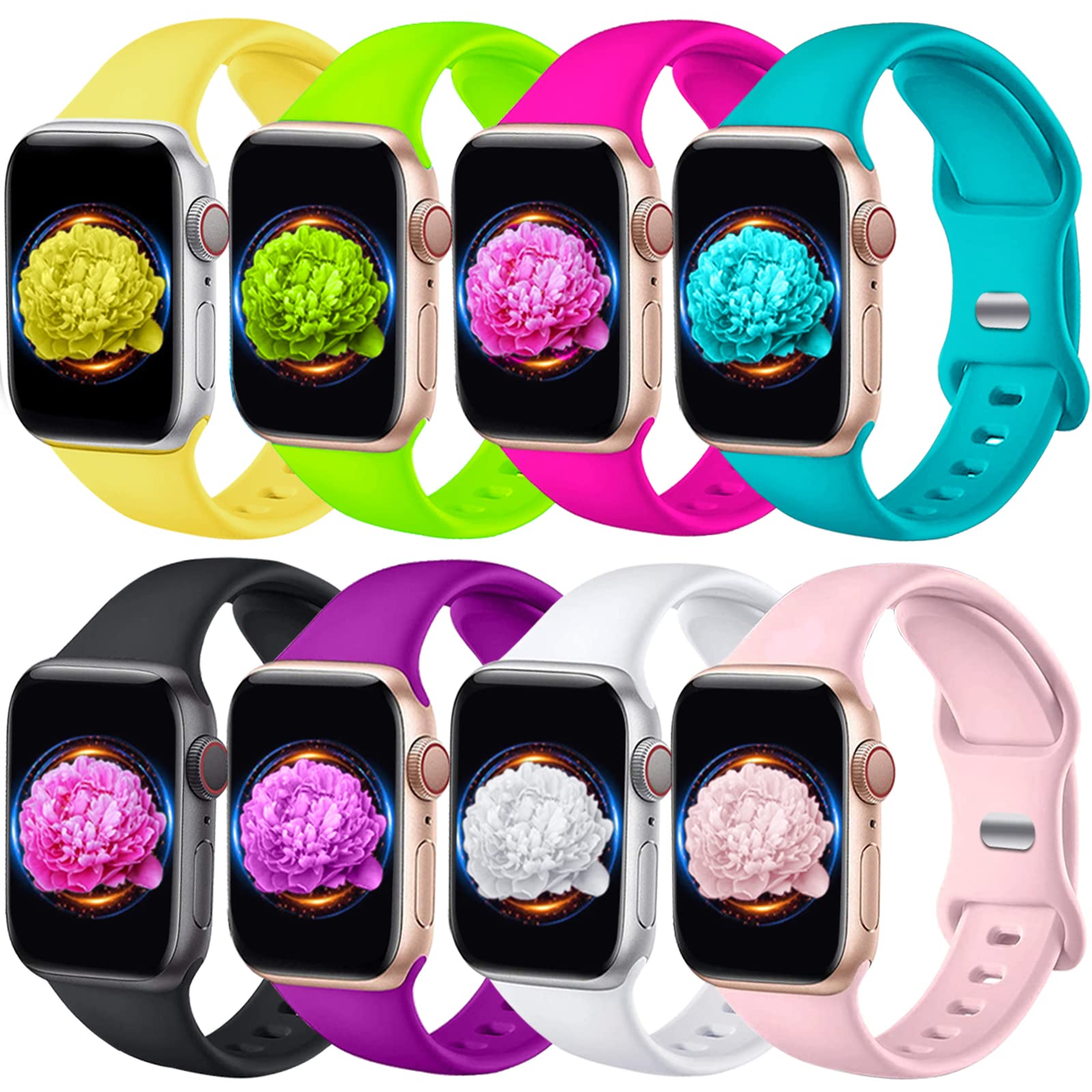 8 Pack Bands Compatible With Apple Watch Band 38Mm 40Mm 41Mm 42Mm 44Mm 45Mm 49Mm For Women Men, Breathable Soft Silicone Waterpr