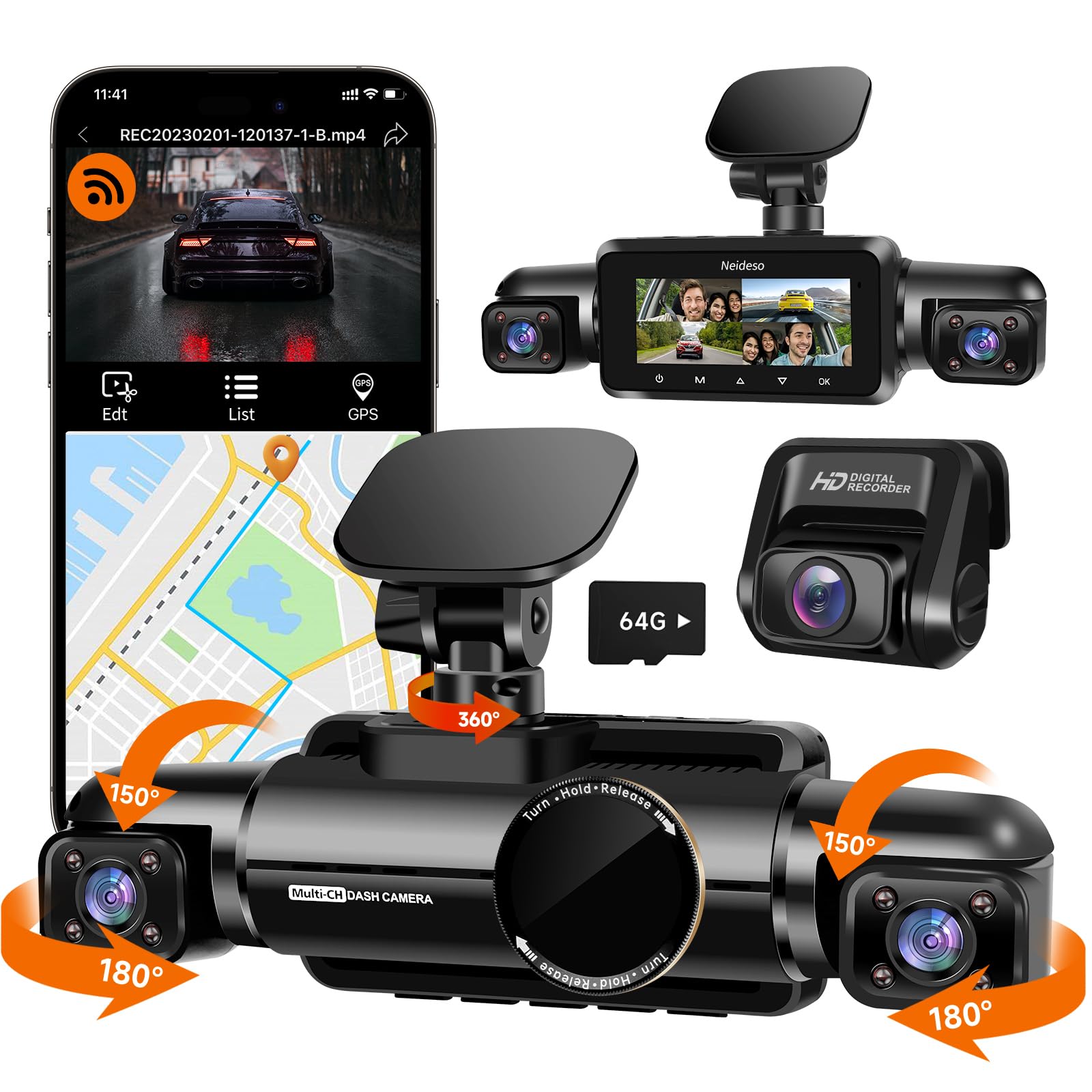 Neideso 360 Dash Cam Front, Rear And Inside, 4 Channel 3K+3*1080P, 5Ghz Wi Fi Gps, Voice Control, 4K+1080P*2 Dash Camera For Car