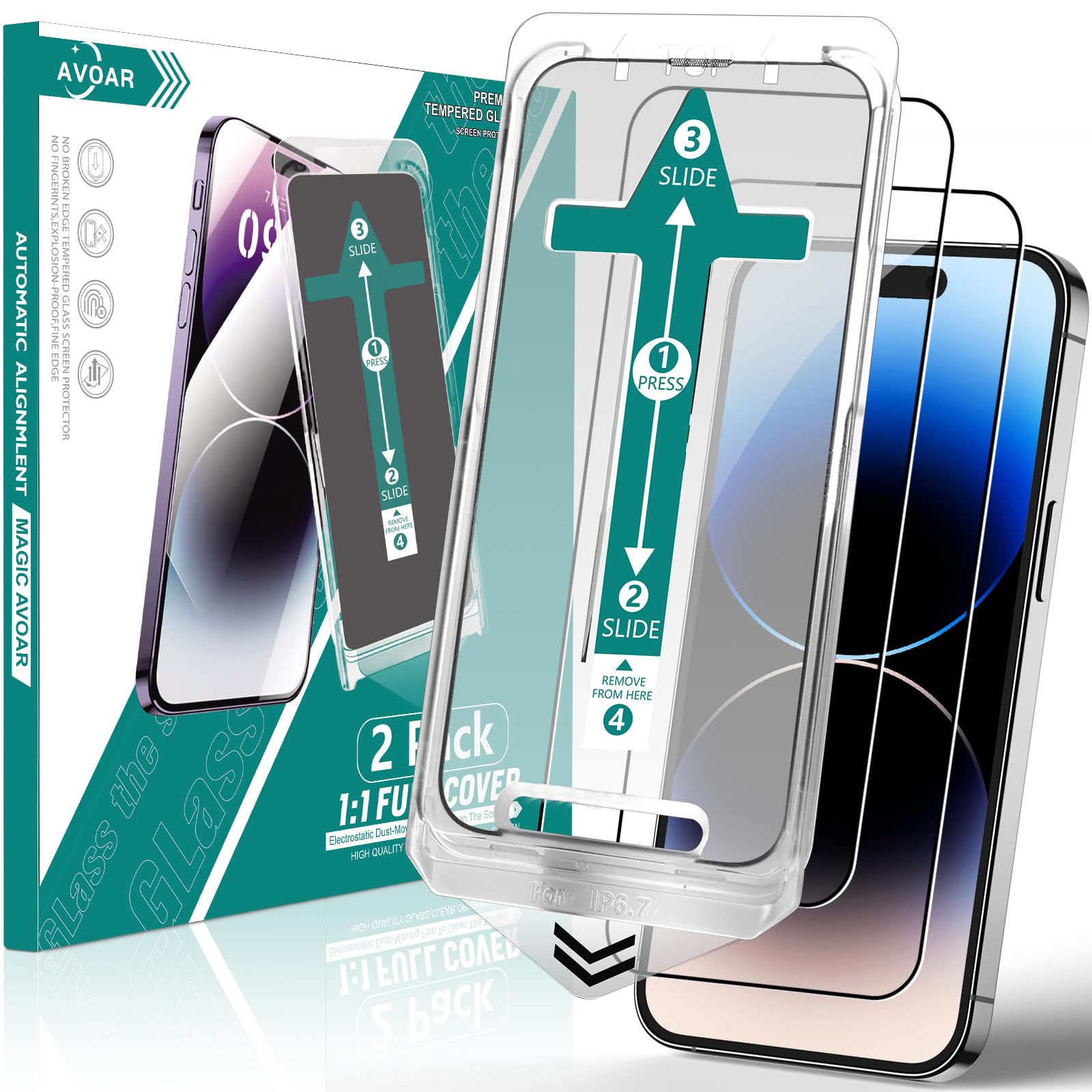 Avoar 2 Pack Screen Protector For Iphone 14 Pro, [Auto Alignment Kit] 6.1 Inch Hd Clear Full Screen Tempered Glass, Auto Dust El