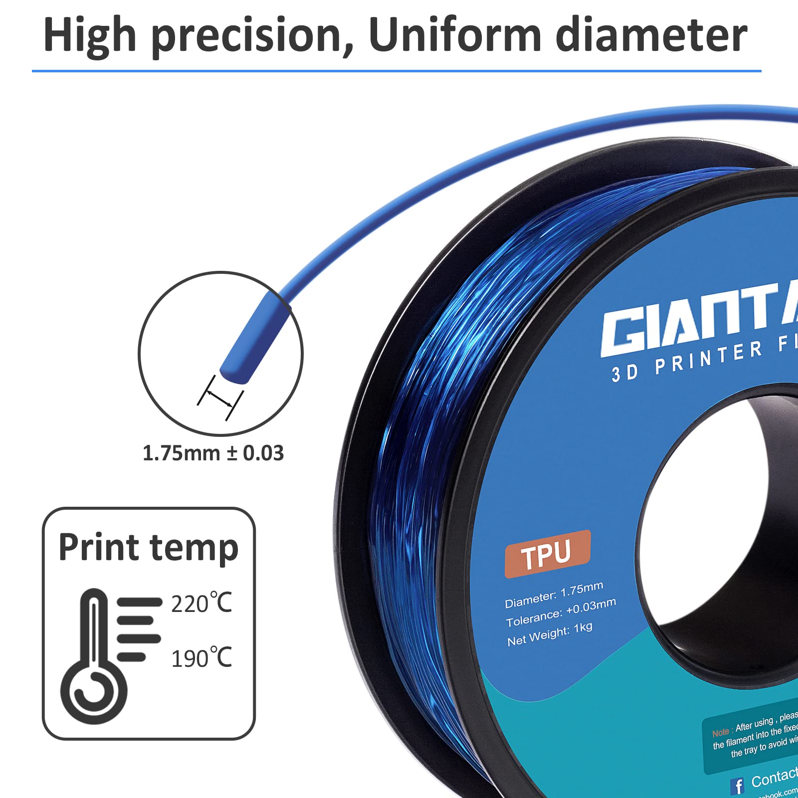 Giantarm Tpu Filament 1.75Mm Flexible Soft 3D Printer Consumables Blue,95A 1Kg Spool (2.2 Lbs.), Dimensional Accuracy +/  0.05 M
